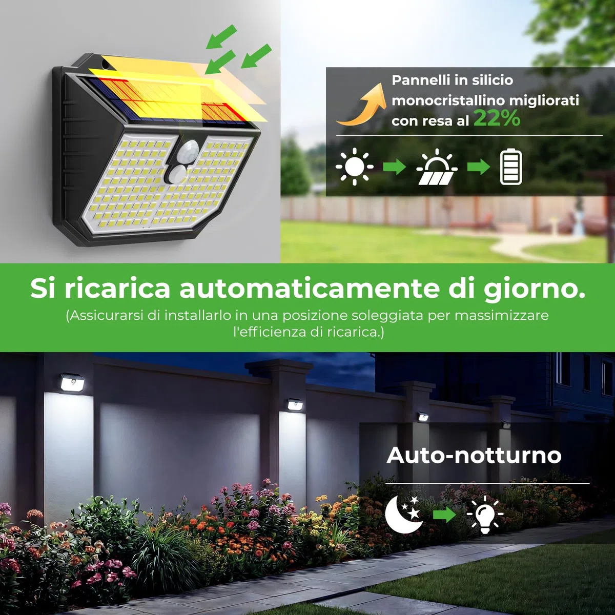 nifipy Luce Solare LED Esterno, Faretto LED da Esterno Solare, 138 LED Lampada Solare da Esterno con Sensore di Movimento, 3 Modos IP65 Impermeabile Luci Solari da Giardino, per Parete Garage 4 Pezzi