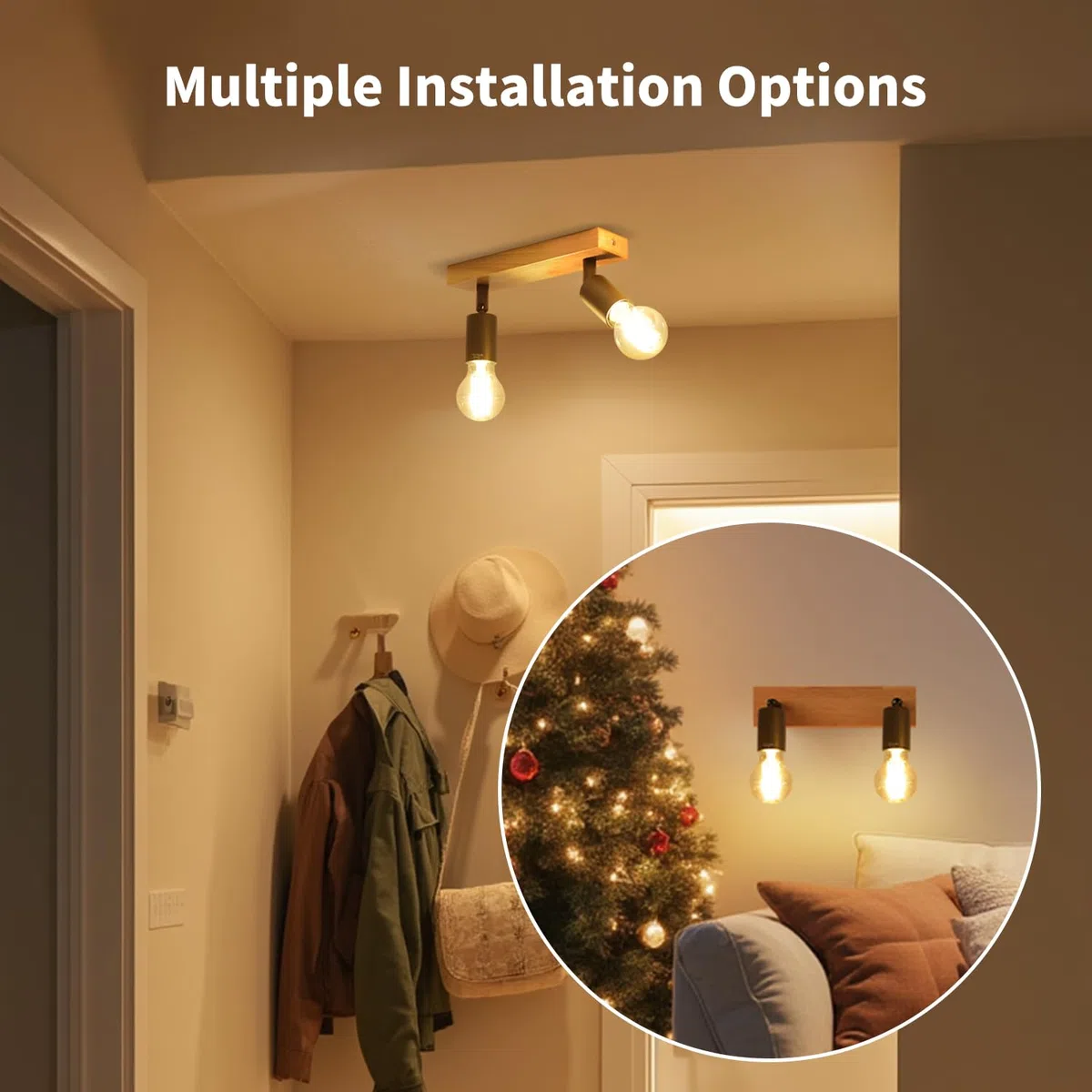 LVWIT Faretti LED da Soffitto Orientabili Nero, Faretto da Interno con 2 Lampadine LED E27, Base di Legno, Faretti Soffitto Retrò per Barra, Salotto,Cameretta, Cucina (Lampadine Escluse)