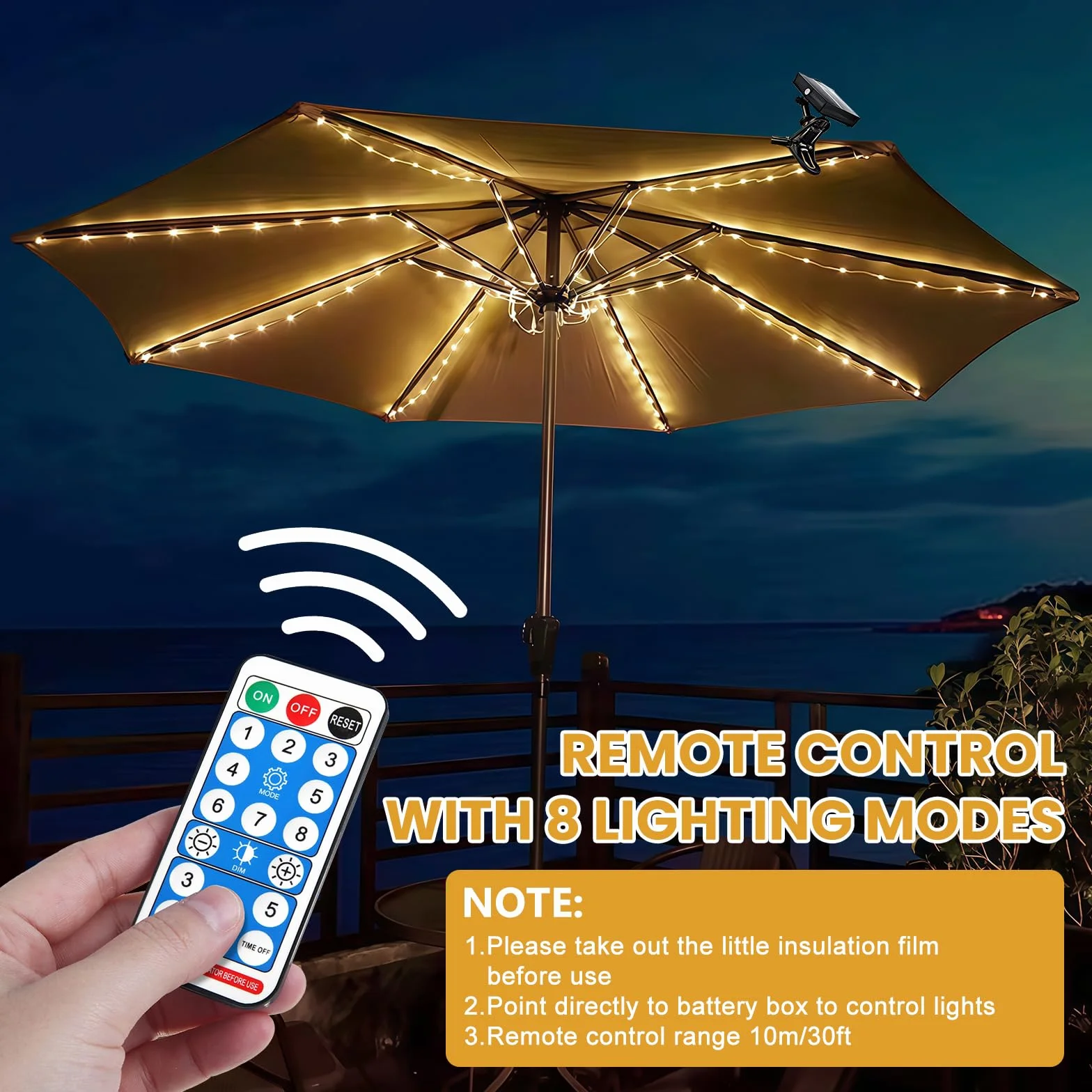 PORFOYO Catena di luci per ombrellone solare, illuminazione con telecomando, 8 modalità, 104 LED, luci per ombrello, IP67, impermeabili da giardino