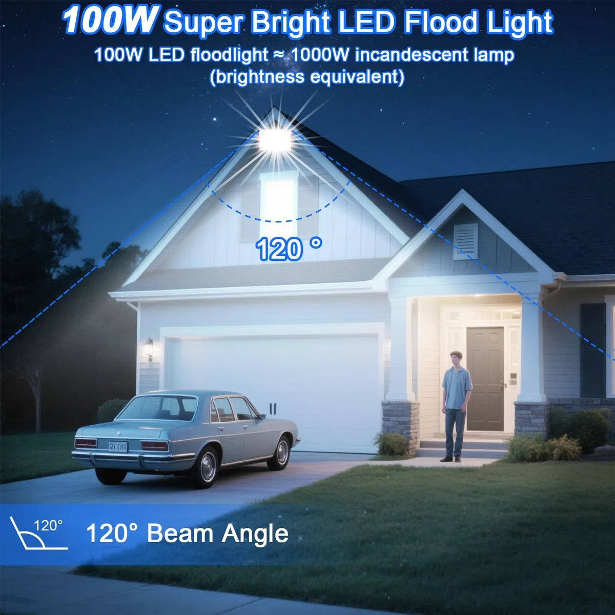 CREATESTAR Faretto Led da Esterno 10000LM 100W, Faretti Led Esterni 6500K luce bianca fredda, 1 Pezzi IP66 Impermeabile Faro Esterno per magazzino giardino garage campo sportivo cortile