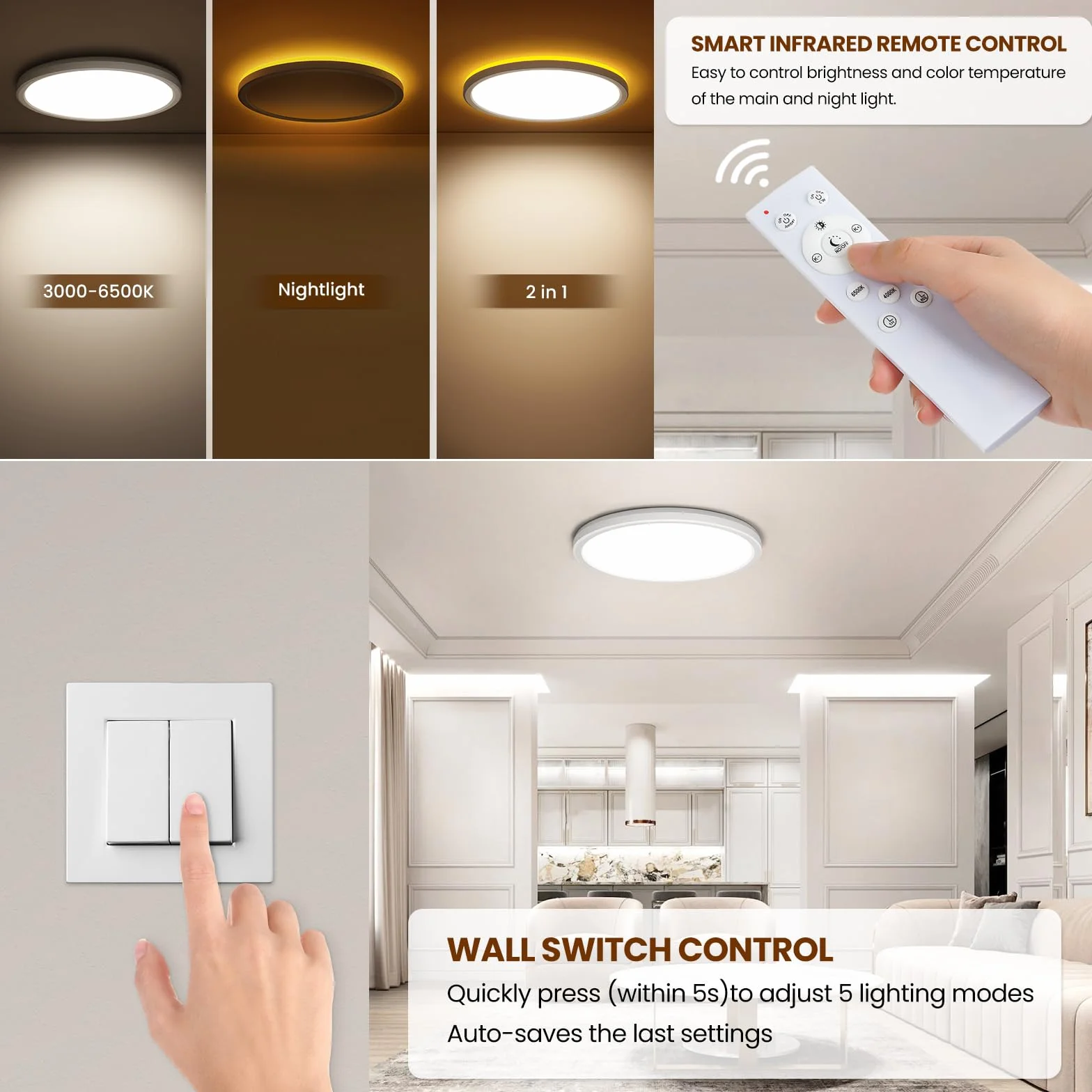 Plafoniera LED Soffitto Dimmerabile 24W, Plafoniere Lampada con Telecomando, Luce Notturna Dimmerabile 1800K, Pannello Dimmerabile 3000K-6500K per Camere da Letto, Camerette, Soggiorni, Ø30CM