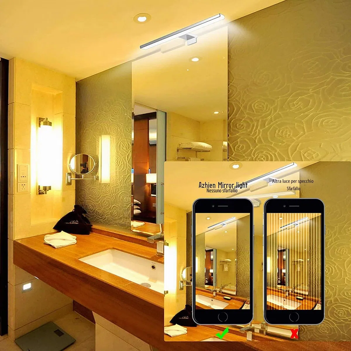Lampada da Specchio a LED per Bagno,10W,820LM,40cm,Bianco Neutro,4000K,Montaggio 3 in 1,IP44,230V,400mm,Senza Tremolio,Lampada da Specchio per Armadio da Bagno