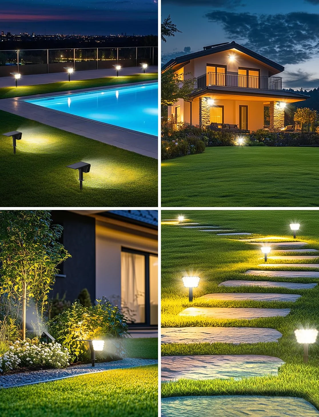 Luci Solari da Giardino con Sensore di Movimento, Lampade Solari da Esterno 4 Pezzi, 4 Modalità di Lavoro, IP67, Installazione a Parete o a Terra per Cortile e Garage - Bianco Caldo
