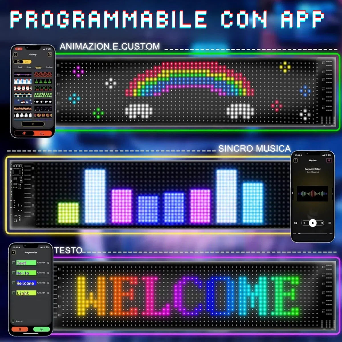 YASTA Insegna Luminosa Programmabile Scritta LED Personalizzata 60 CM Occhi LED Per Camion Pannello luminoso Auto USB Tabella Flessibile Bluetooth App Controllo Display Negozi Hotel Vetrine
