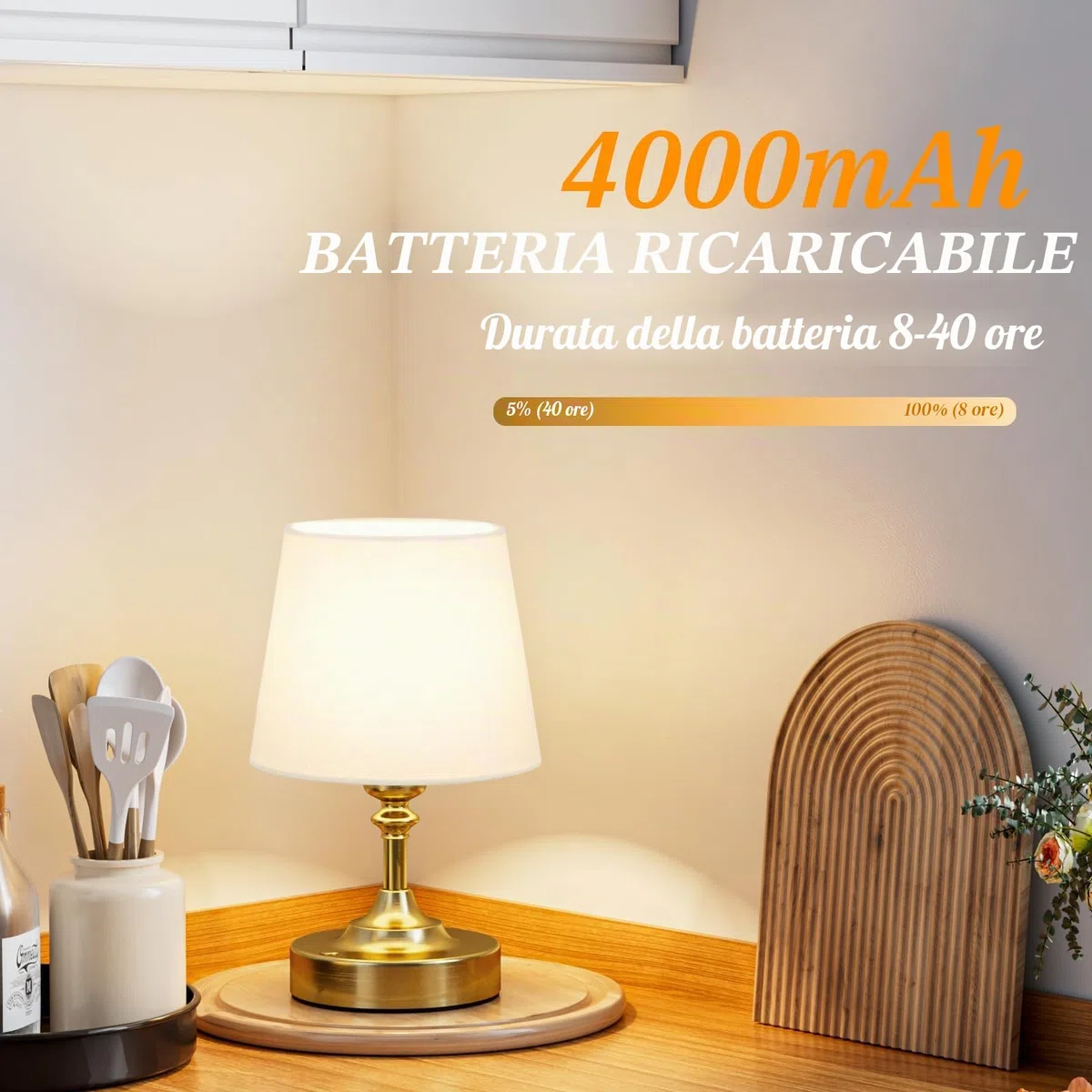 Piccolo Lampada da Tavolo LED Senza Fili, Batteria Ricaricabile, Dimmerabile, Paralume in Lino Bianco, Lampada da Comodino LED per Camera da letto, Sala da Pranzo, Soggiorno, Deco(Ottone)