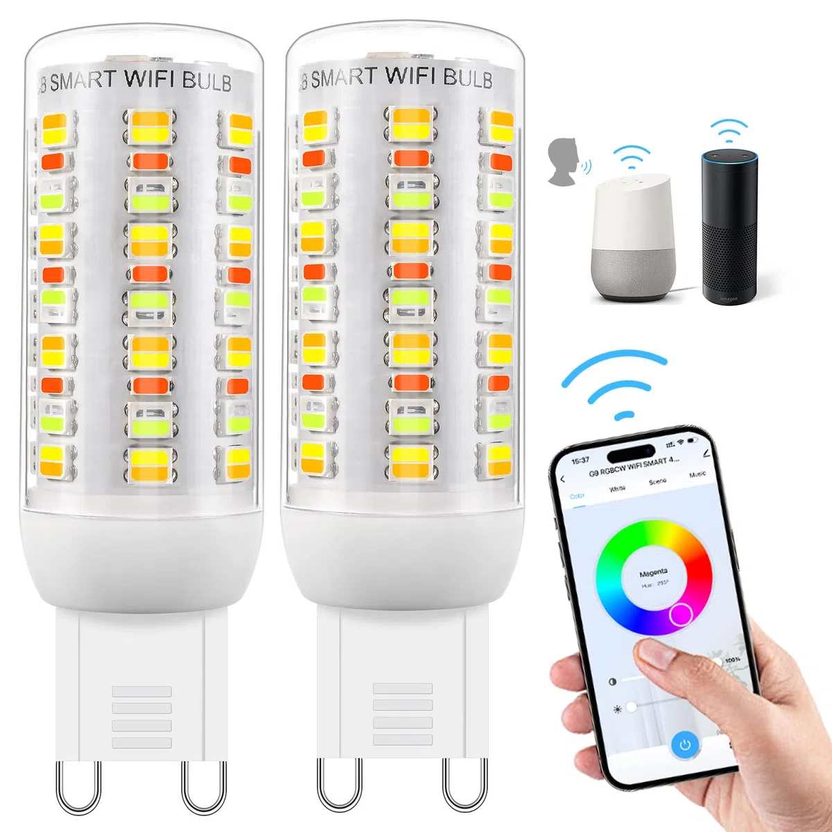 Wi-Fi RGBCW Smart G9 lampadine LED, compatibile con Alexa /Google Home, AC 230V Multicolore dimmerabile, 2700K-6500K, luminosità regolabile 1%-100%, 4W, 400LM, con sincronizzazione musicale Lampadina