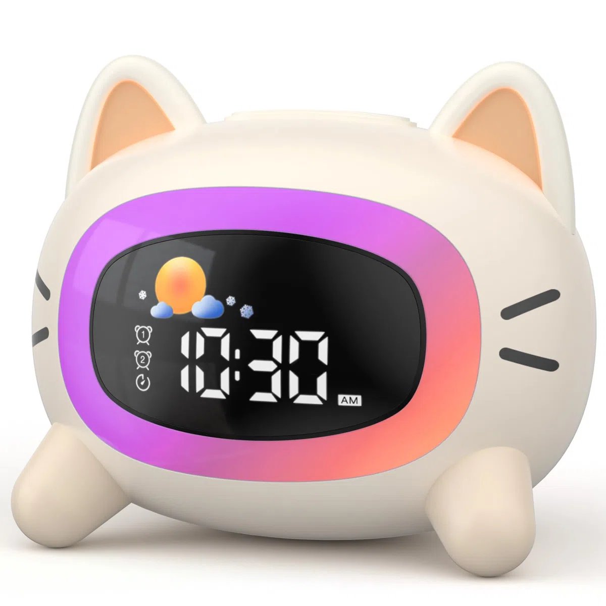 LIORQUE Sveglia per bambini, Sveglia da Comodino con Luce Notturna, Macchina Rumore Bianco, Doppia Allarme, Modalità Weekend, Sveglia Ricaricabile per Allenamento del Sonno Per i Bambini (Gatto)