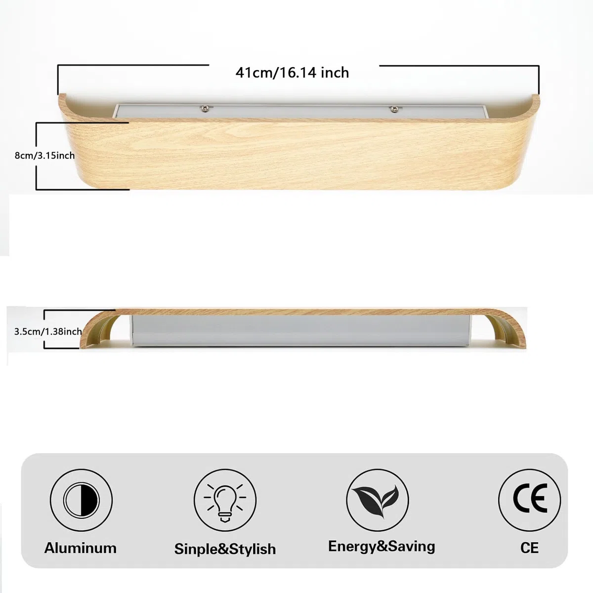 Lampada da Parete LED Interni Luce Alluminio 24W 41CM Applique da Parete Interno Moderno Lampada a Muro per Camera da Letto Scale Corridoio, 3 Modalità Luce (venature del legno)