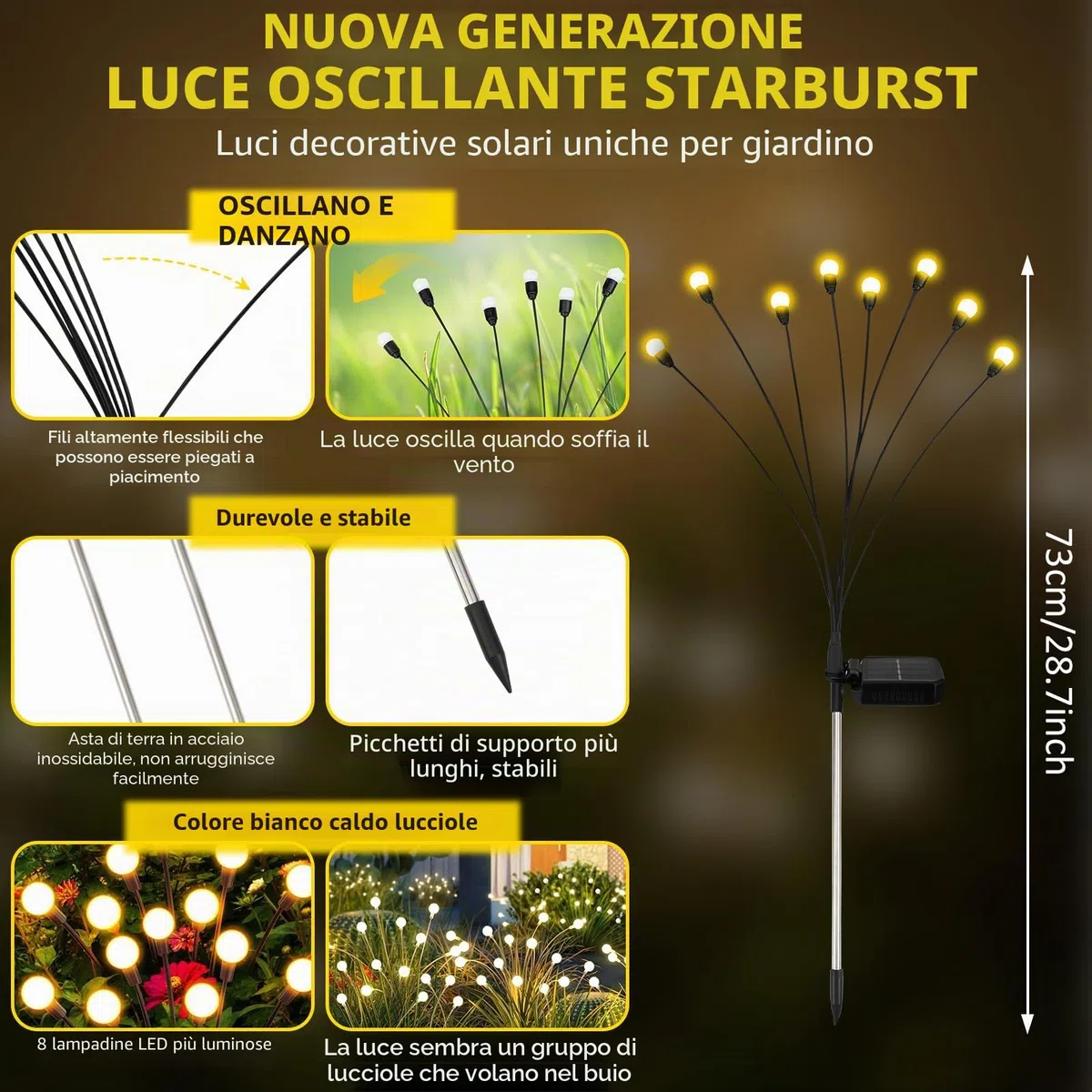 Luci solari per giardino esterno, confezione da 4 8 luci a LED a energia solare, per esterni, altezze aggiornate, modalità opzionali, luce lucciola, impermeabile IP65, luci solari per vialetto,