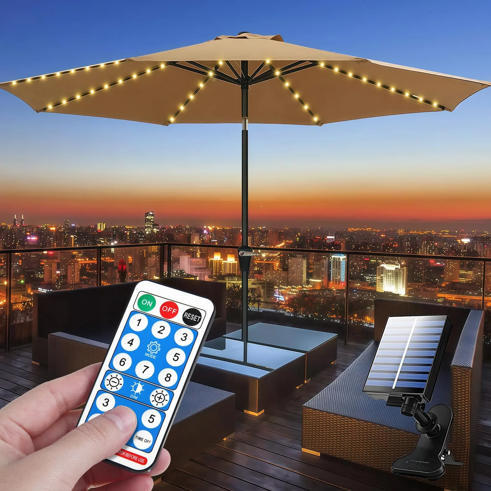 PORFOYO Catena di luci per ombrellone solare, illuminazione con telecomando, 8 modalità, 104 LED, luci per ombrello, IP67, impermeabili da giardino