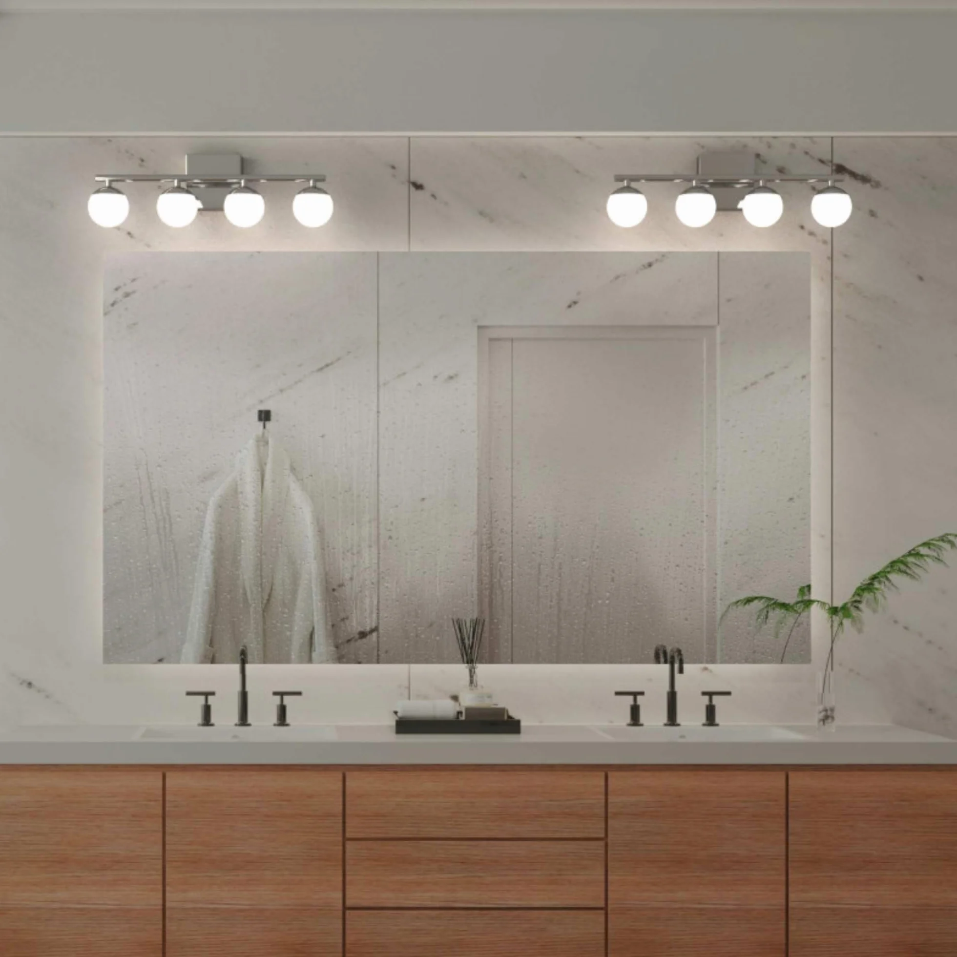 Applique LED per bagno Cromato 12W IP44 con 4 sfere diffusori. Luce bianca neutra 4000K. Barra da 49 cm. Lampada da parete per bagno, illuminazione moderna e funzionale per specchio e lavabo.