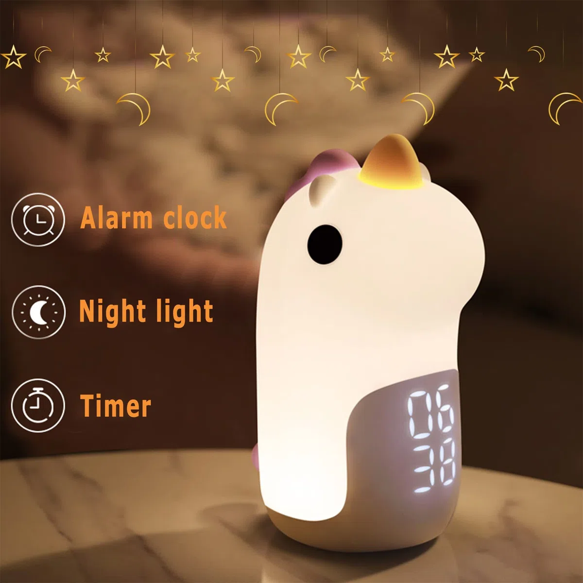 Unicorno Sveglia da Comodino con Luce Notturna Bambini, 3 Colori Dimmerabile Lampada Notturna Ricaricabile, in Silicone, Bel Regalo di Compleanno di Natale per Neonato, Bambina, Blu