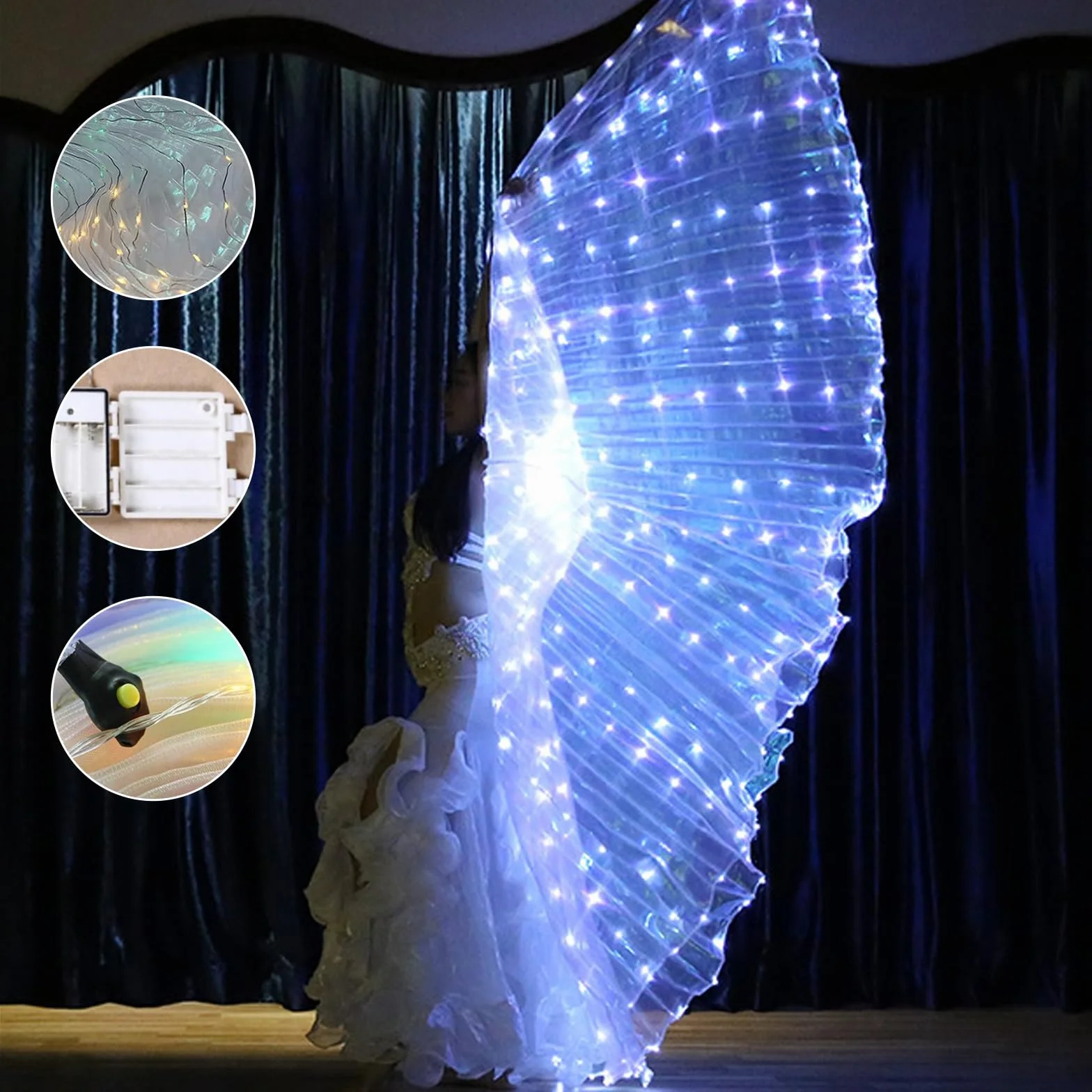 Ali da danza a LED con asta telescopica 360, design con chiusura, funzionamento a batteria, con ali di farfalla illuminate a LED, con cavo di prolunga (adulto, luce bianca)