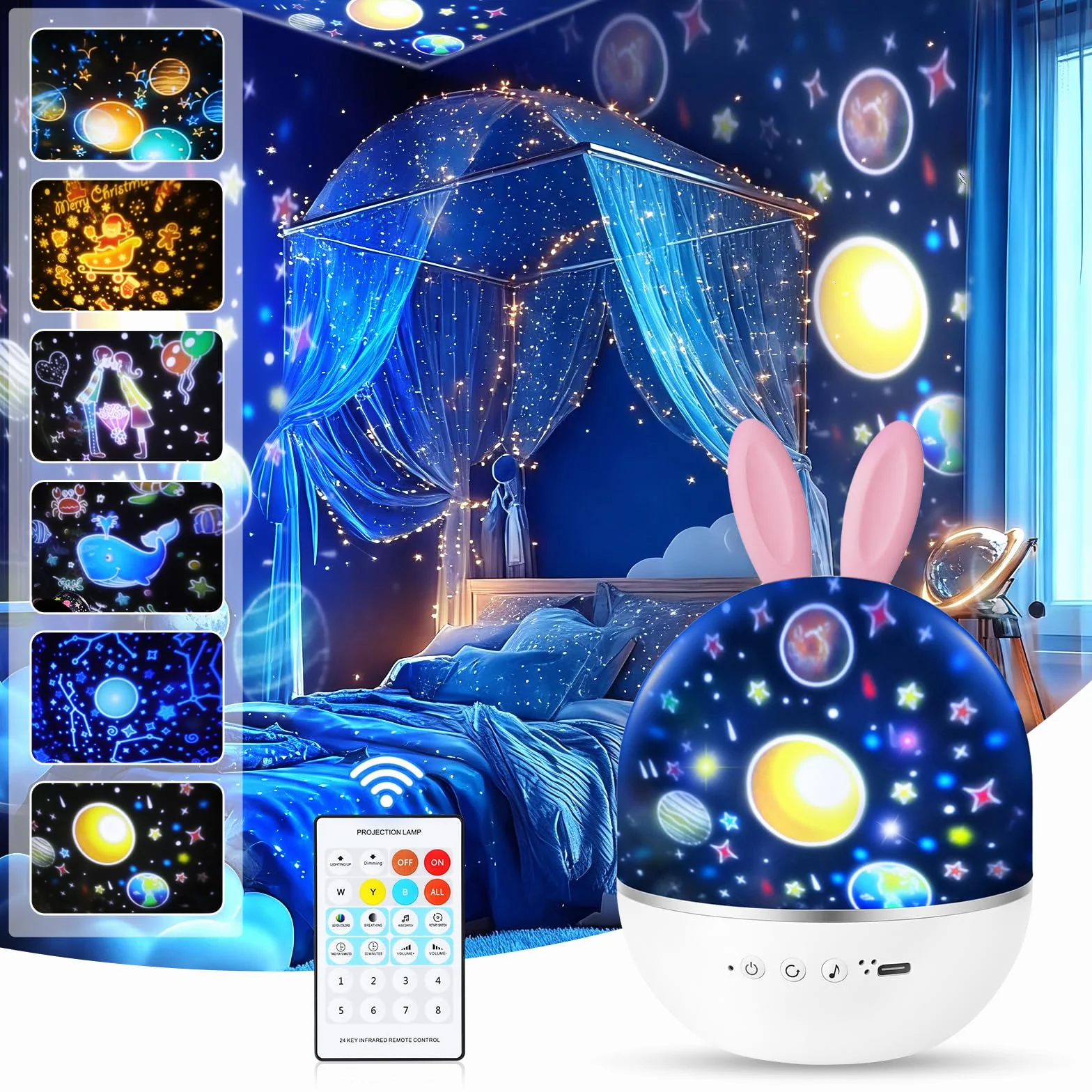 URAQT Proiettore Stelle Soffitto Bambini, Luci Notte per Bambini, 360°Rotazione Musicale Luce Notturna Bambini Proiettore, 6 Films Proiettore Soffitto,8 musica,con Telecomando e timer, Regalo Neonato