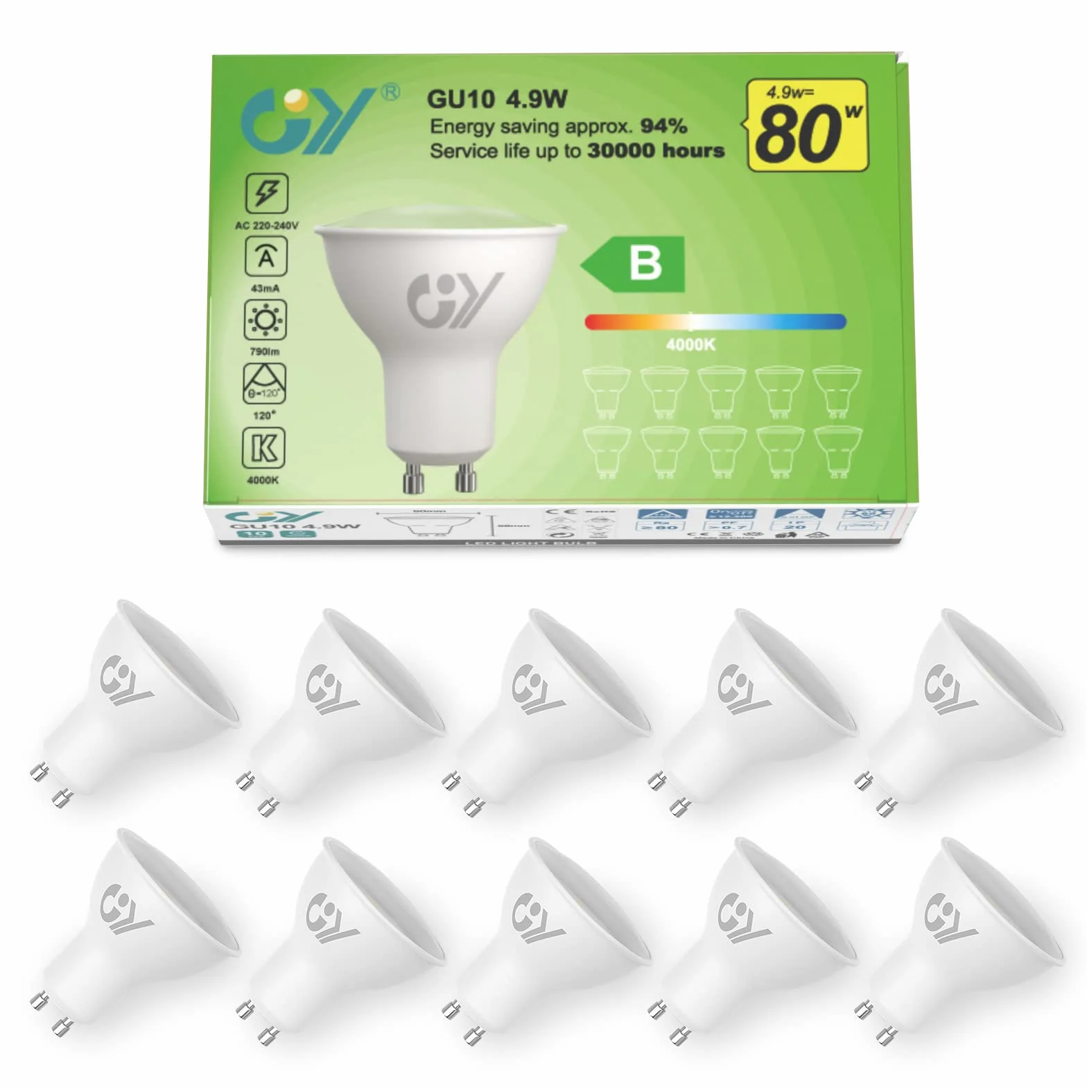 GY Lampadine GU10 LED, 4.9W (equivalenti a 80W), 790 Lumen, 4000K Bianco Neutro, Risparmio Energetico LED GU10, Lunga Durata, Basso Consumo, 120° Angolo del Fascio,Non Dimmerabile, 10 pezzi