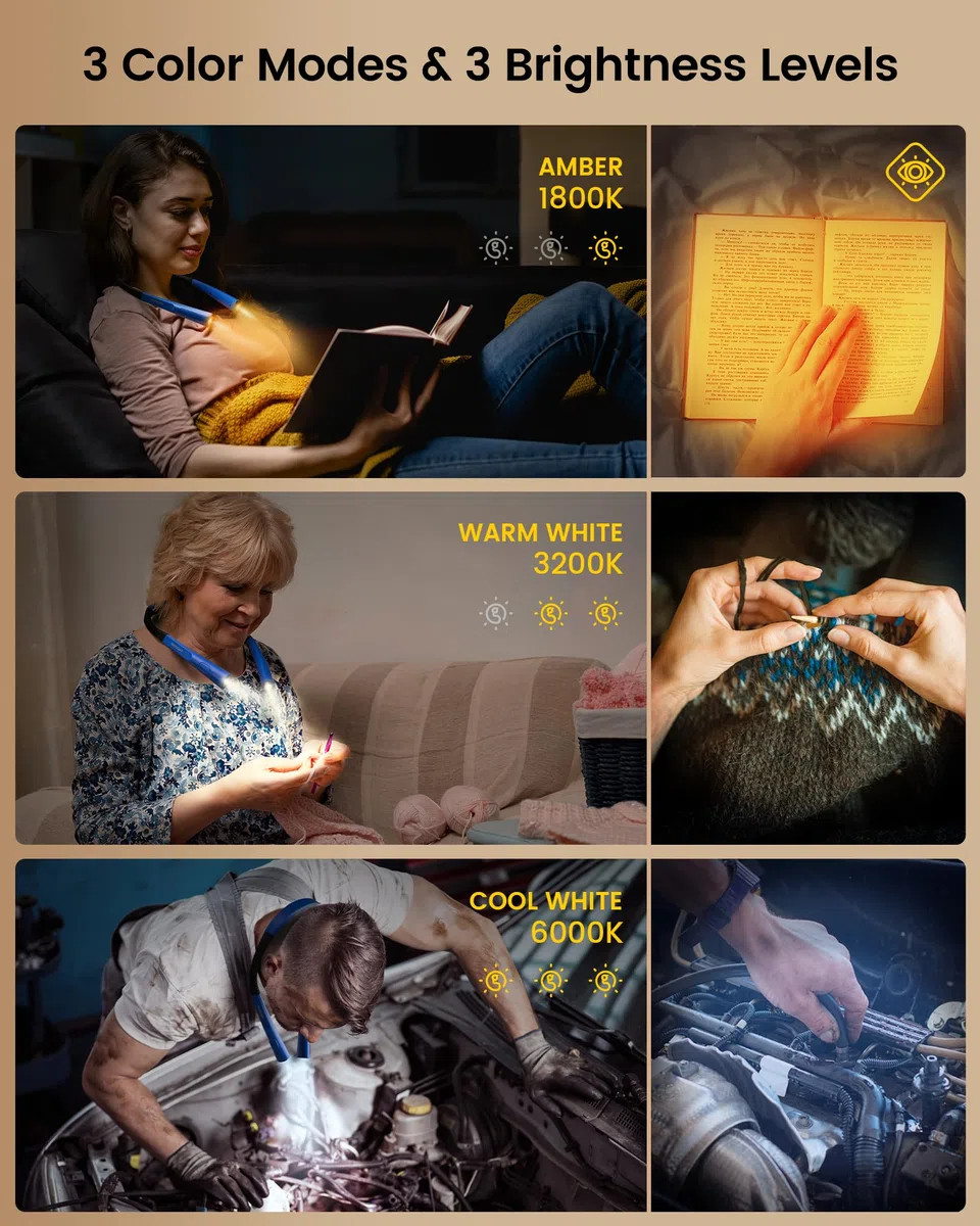 Glocusent LED Luce Lettura Collo, Luce per Lettura Libri a Letto, Timer 30min., 3 Colori & 3 Intensità Regolabili, Ricaricabile & Duratura, Ideale per Leggere, Sferruzzare, Riparare