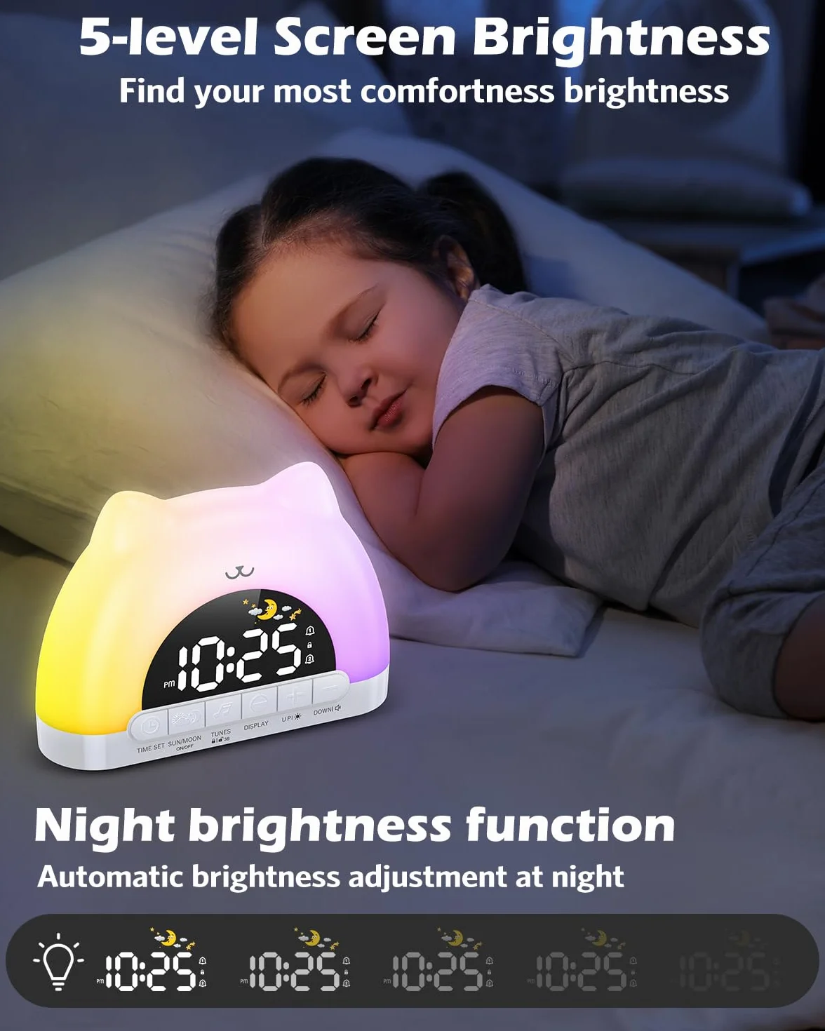 Sveglia Bambini Giorno Notte, Sveglia da Comodino con Luce Notturna a 11 Colori RGB, Snooze, 2 Allarmi, Sveglia Digitale per Bambini con Luna e Sole, Addestratore del Sonno per Bambini