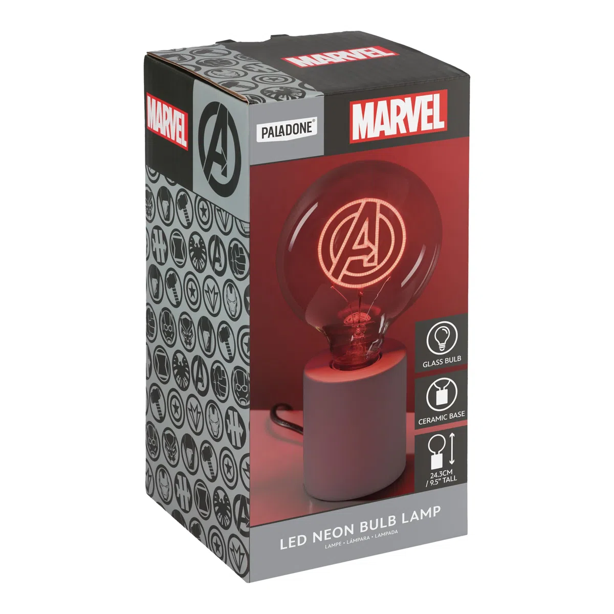 Paladone, Lampada con lampadina neon a LED decorativa Marvel Avengers, con lampadina in vetro E27, regalo supereroi, con licenza ufficiale, luce divertente per camere da letto e case