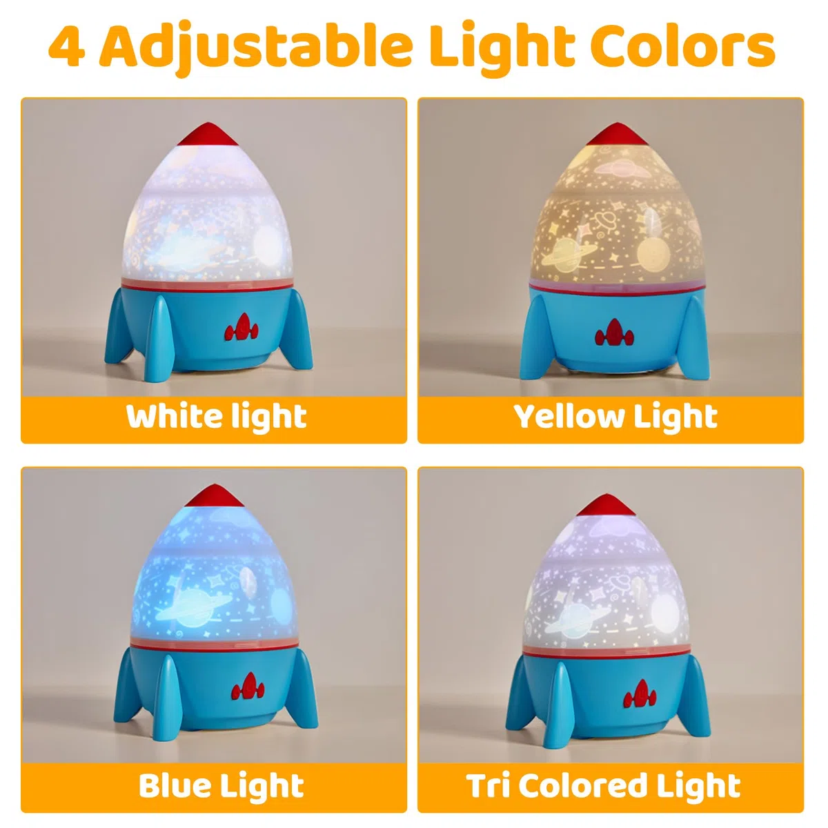 Luci Notte per Bambini, 360°Rotazione Musicale Razzo Luce Notturna Bambini Proiettore, 8 Modelli+Telecomando+Timer, USB Ricaricabile Proiettore Stelle Soffitto, Regalo di Compleanno Regalo di Natale