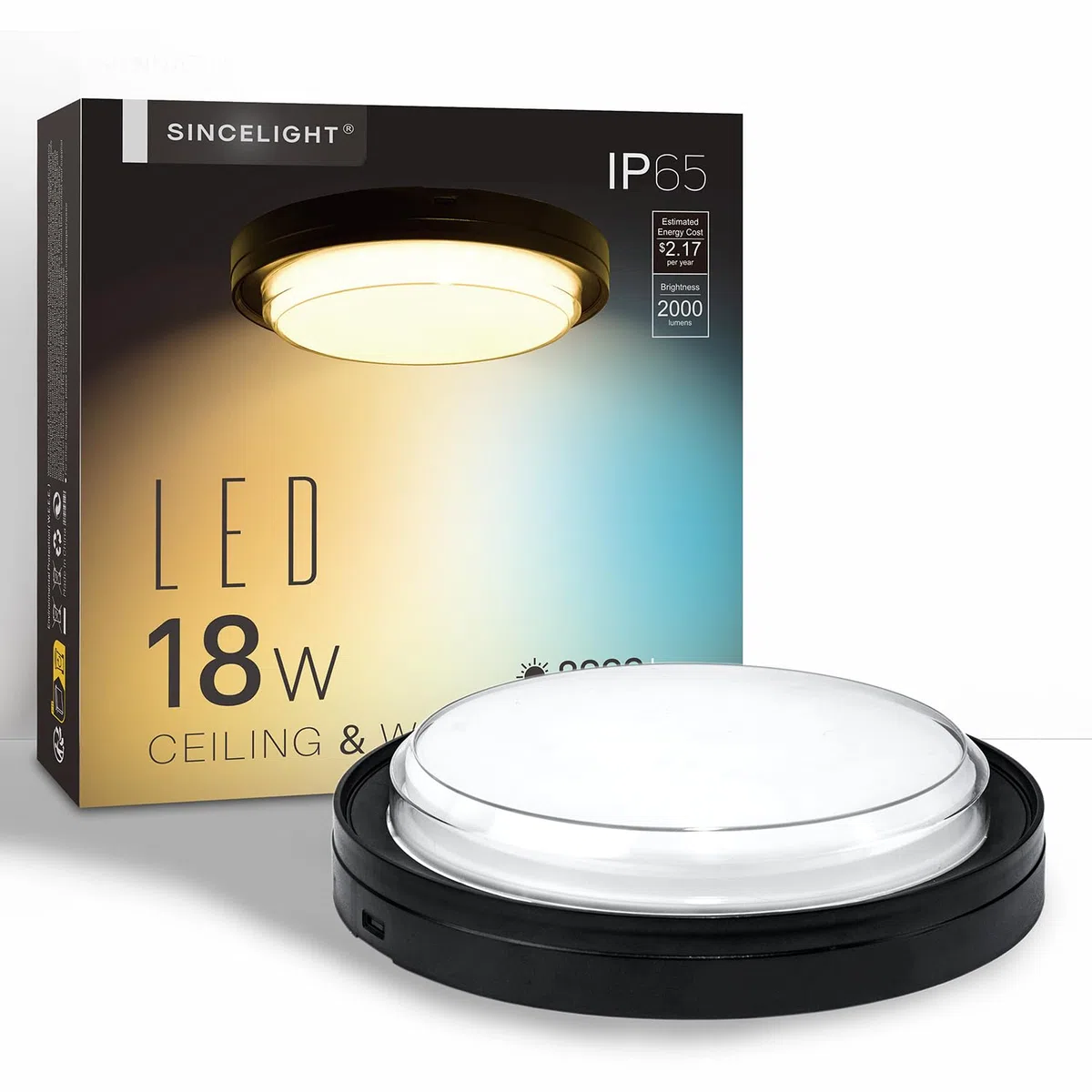 SINCELIGHT LED Plafoniere o Applique per Esterni e Bagno, IP65 Impermeabile, Φ222mm, 18W, 2000lm, Moderna Lampade da Soffitto, Nero, Colore Regolabile da Bianco Caldo a Bianco Freddo