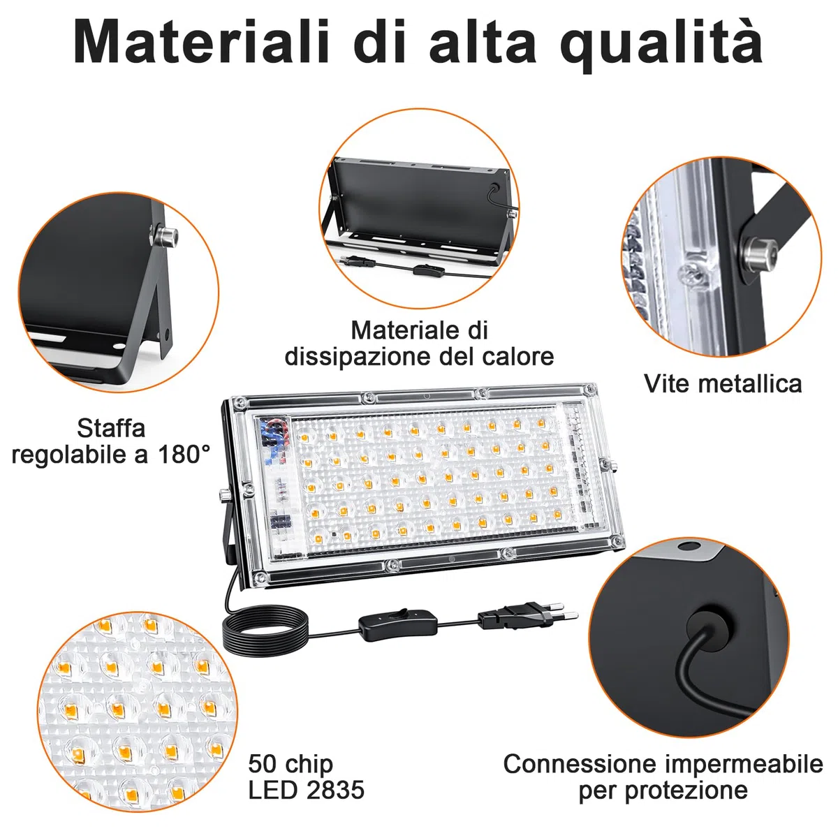 CREATESTAR 50W Faretto LED da Esterno，2pcs Faretto Led con Spina,3000K Bianco Caldo Faretti led 5000LM,faretti LED esterni 3000K, IP65 Impermeabile per Giardino,Patio, Garage