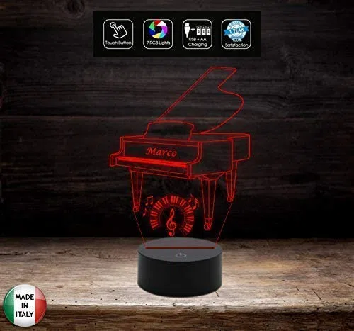 Generico Idea Regalo Musicista Piano Lampada LED Pianoforte Personalizzabile con Nome Musica - Acrilico e ABS - 7 Colori