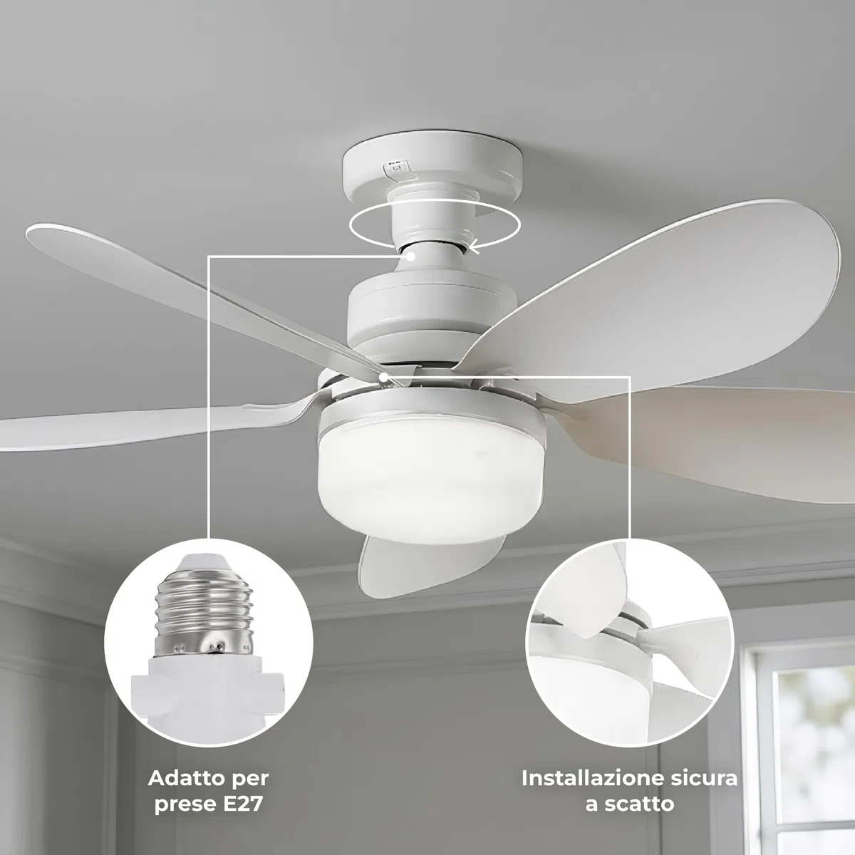 IlGruppone Lampadario con Ventilatore da Soffitto, Luce LED E27 Avvitabile – Lampadario con Ventola 2 in 1 Silenzioso con Telecomando, 6 velocità, Timer e Luce Dimmerabile 51 cm