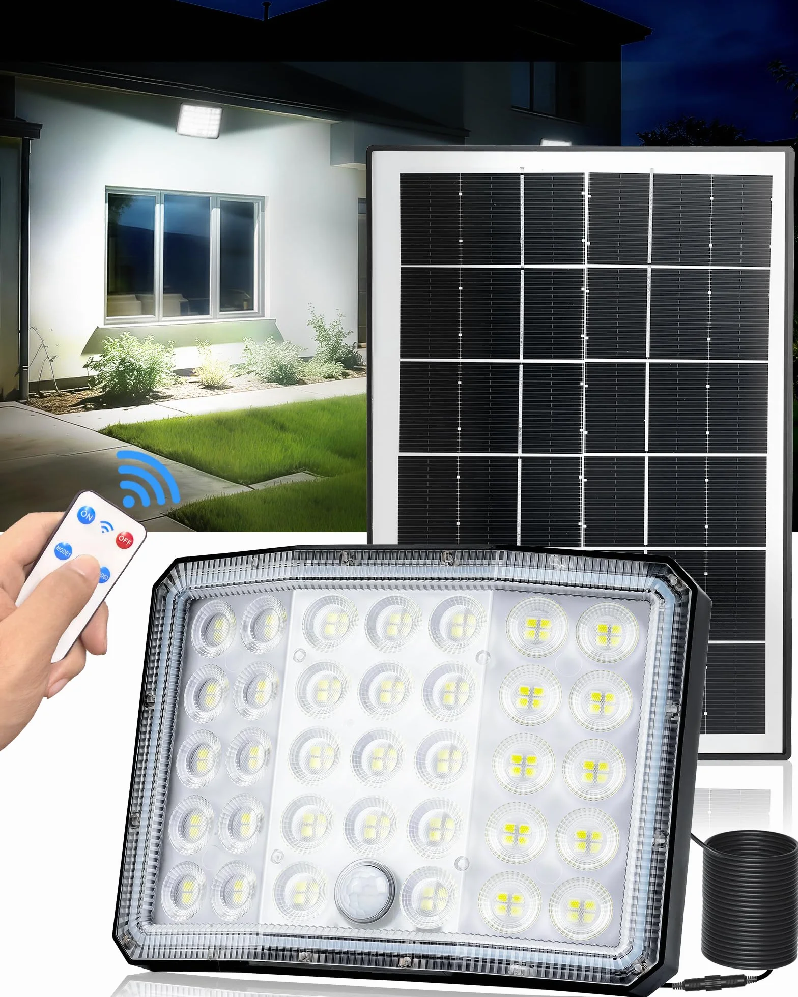 Luci Solari da Esterno, 3600mAh 4 Modes Faretto LED da Esterno Solare con Telecomando, Illuminazione a 210° Luce Solare LED Esterno, IP66 Impermeabile Faro LED Esterno con Pannello Solare, 1 Pezzo