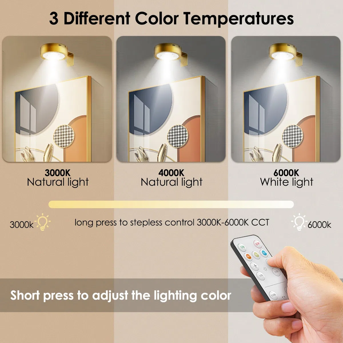 3 Pezzi Luce per Quadri a Batteria Telecomando, Lampada da Parete con Telecomando, Illuminazione Dell'Immagine Senza Fili, Ricaricabile USB Lampada da Muro, Dimmerabile, per Quadri, Vetrine