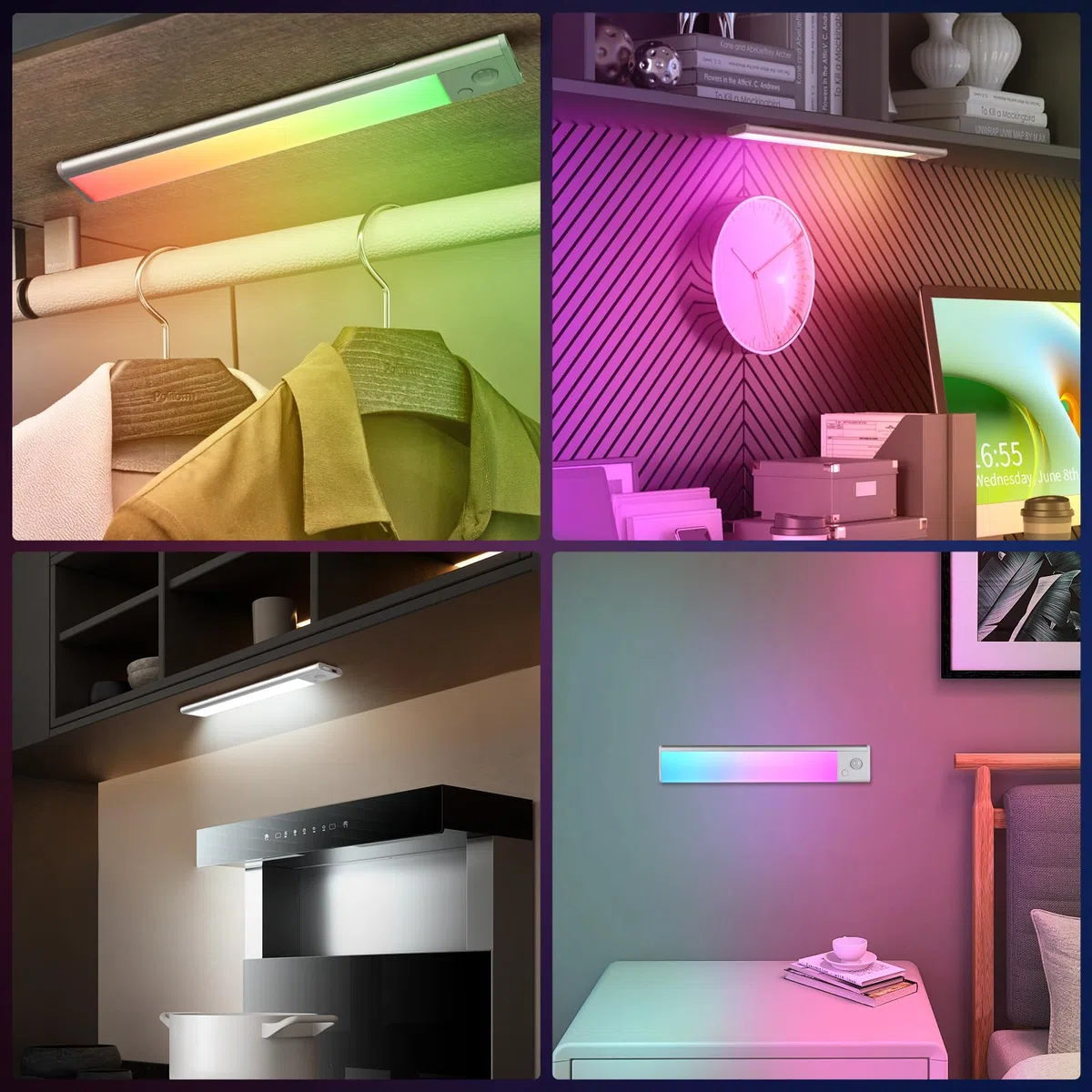 Euakee 2 Pezzi 23CM RGB IC LED Lightbar Senza Fili con Rilevatore di Movimento, Luce Sotto Armadio Cucina Dimmerabile, Barra Luminosa Ricaricabile USB Luce Notturna per Camera da Letto Decorazione