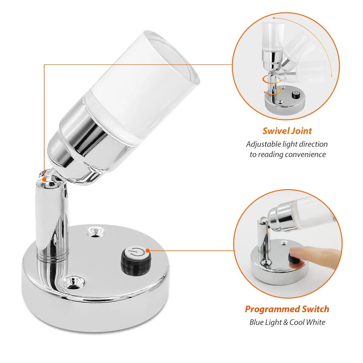 Dream Lighting Faretti LED 12v Camper Interni Luce da Lecture Moderna Acrilico Trasparente e Lega Lucidata Bicolore blu e Bianco Freddo