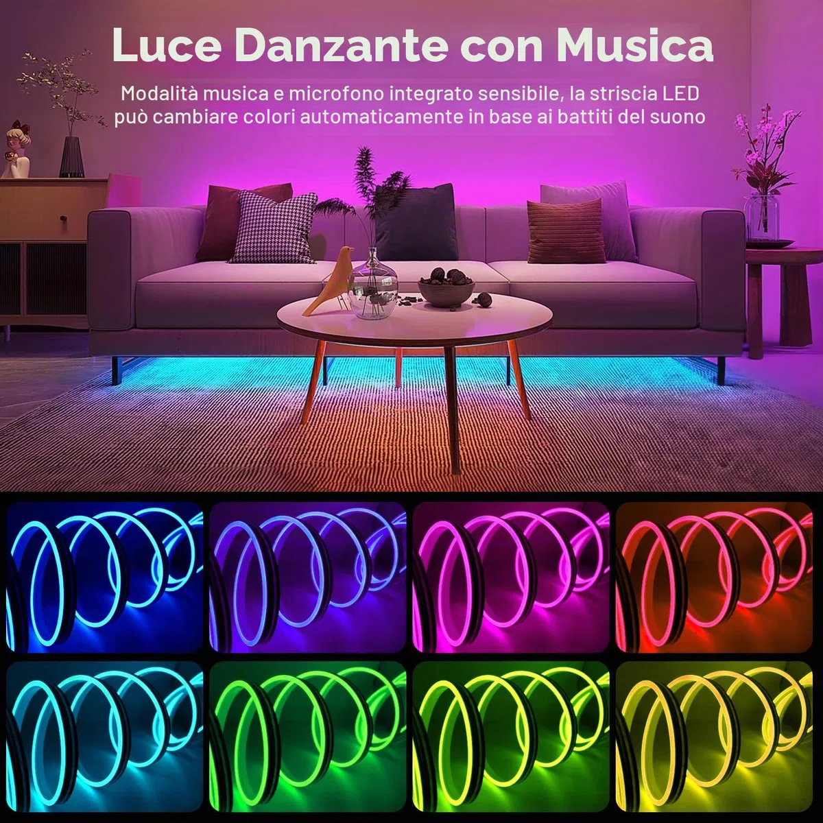 LUXONIC 16.4FT 5M Strisica LED Neon, RGB, Silicone Neon Luci LED Flessibile Bluetooth con APP e Telecomando, IP67 impermeabile, Sincronizzazione Musicale, Decorazione Esterna/Interna del partito