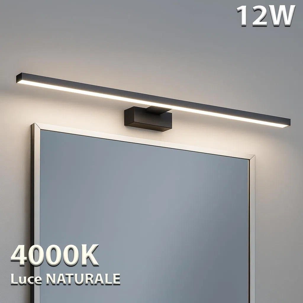 MAKA Luce Specchio Bagno LED 12W 840 Lumen, Lampada Bagno Specchio 4000K, Applique Specchio Bagno 60 cm Bianco/Nero IP20, Illuminazione Bagno per Make-Up e Rasatura (Nero, 4000K)