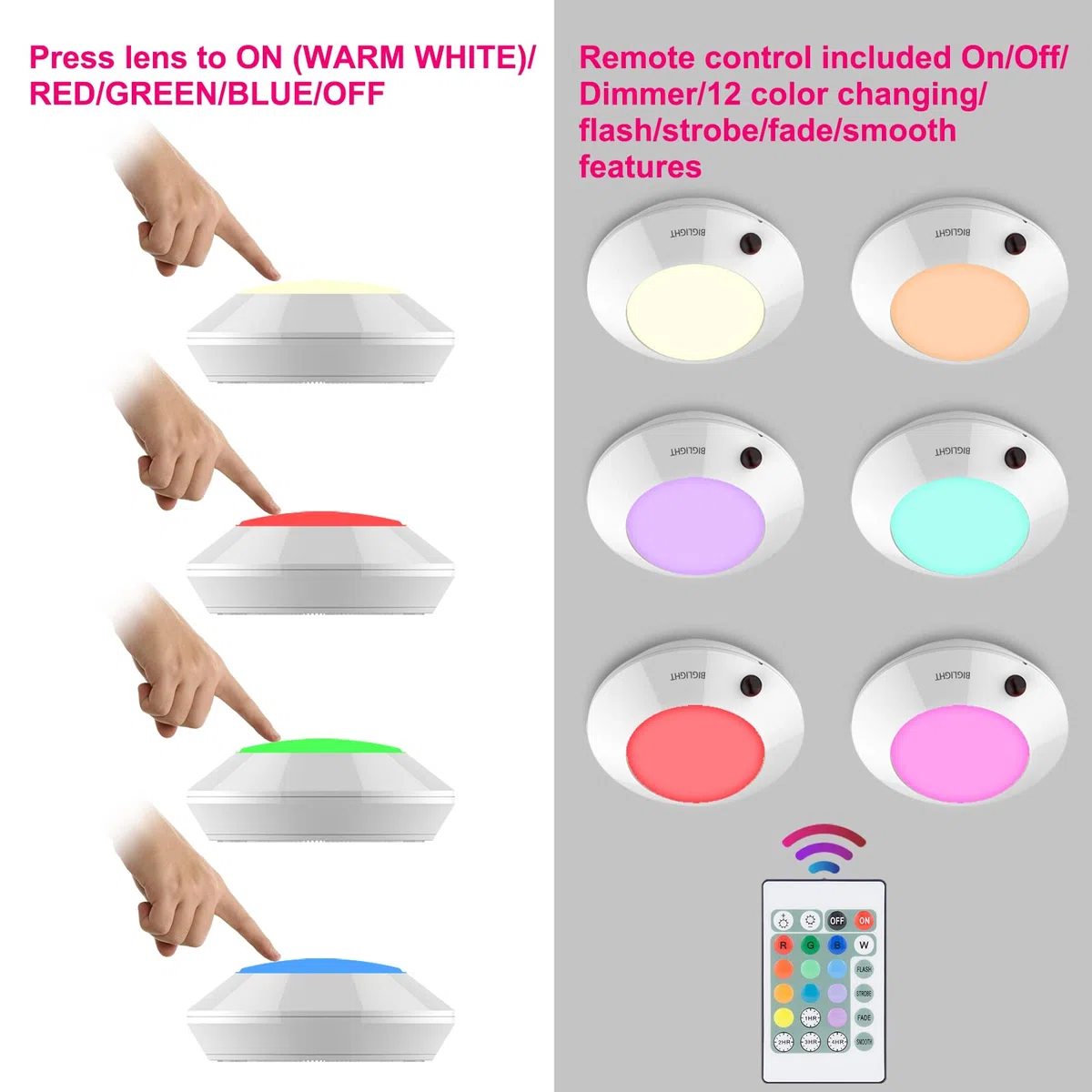 HONWELL Plafoniera a LED Luci con Telecomando, Lampada da Soffitto Dimmerabile a Batteria, 4 Luminosità Modalità Luci Notturne a LED Senza Fili,16 Colori di Luminosità per Armadio,Cucina,Corridoio