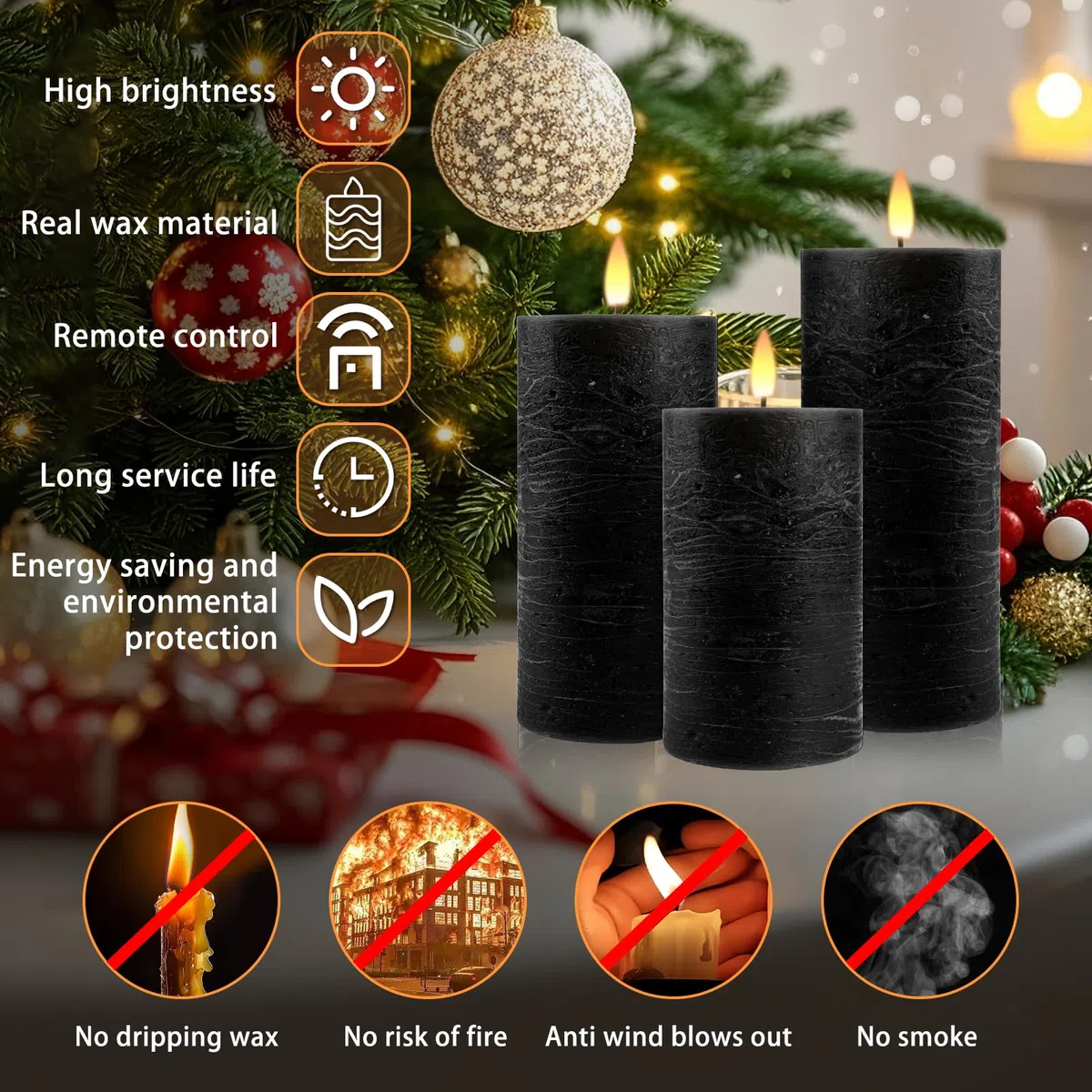 Candele LED Ricaricabili, [Set di 3] Candele a Colonna in Vera Cera, Senza Fiamma Candele LED con Cavo USB, con Telecomando a 10 Ttasti e Funzione Timer per Casa Festival Decorazioni - Nero