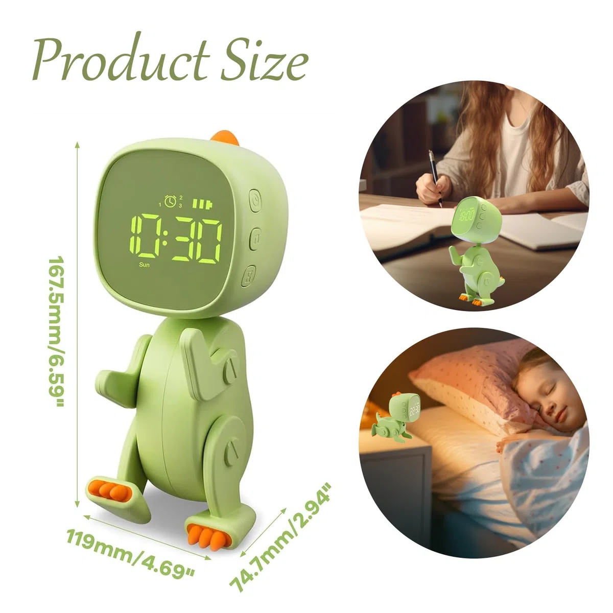 Sveglia per bambini ragazza ragazzo sveglia digitale per bambini luce notturna dinosauro orologio Snooze, con 3 gruppi di allarmi, suono e luminosità regolabili in ricarica USB, verde