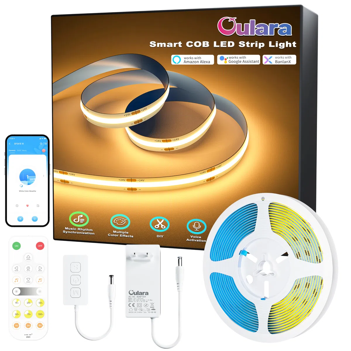 OULARA WIFI COB LED Striscia Blanco Caldo 2700K,6M Dimmabile set di luce a LED Nastro 24V,Lavori Intelligenti con Alexa/Google Assistant per l'illuminazione Armadio,Camera da letto,Cucina