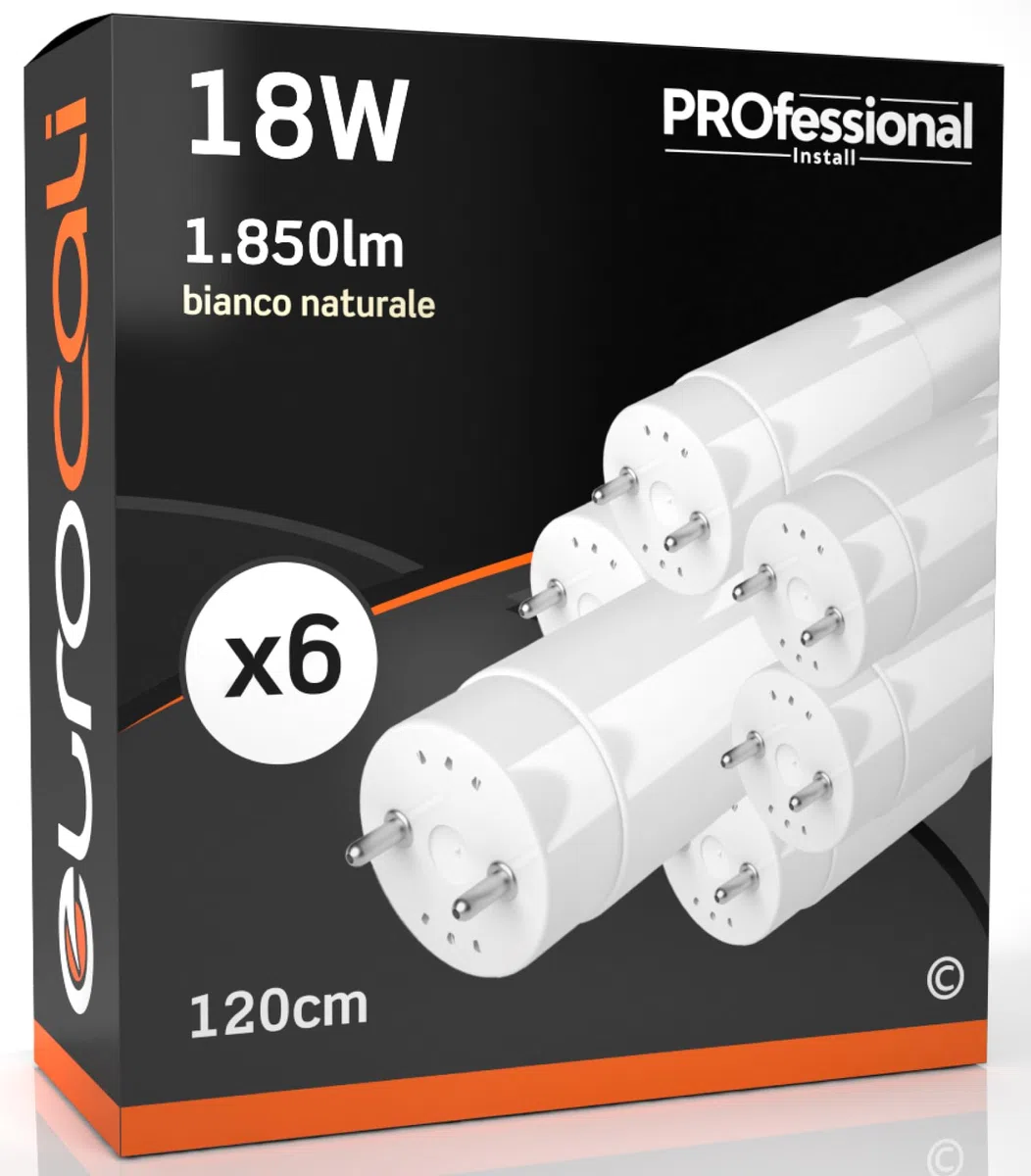 Eurocali 6 Tubi LED 18W 120cm T8 G13 con Starter 1850 Lumen Garanzia 6 Anni - Luce Naturale 4000K Alta Luminosità 102 lm/W - Materiale Nano Plastic Sostituzione Neon per Box Garage Negozio