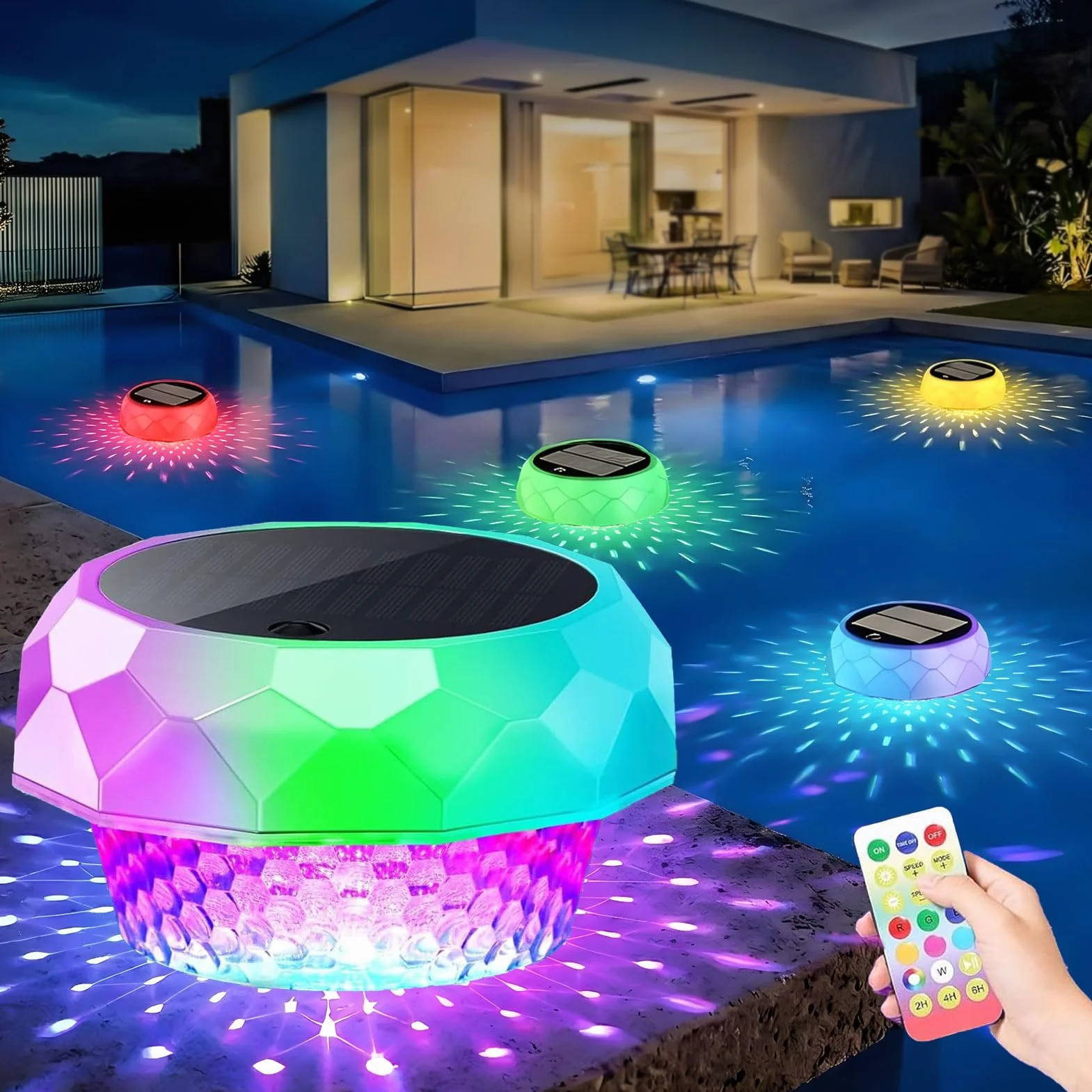 Joycome Luci Piscina Solari Fuori Terra IP68 Impermeabili Illuminazione Solare Piscina con Telecomando, Luci per Piscina Subacquea LED RGBCW Luce Piscina per Esterno Laghetto Festa - 1 Pacco