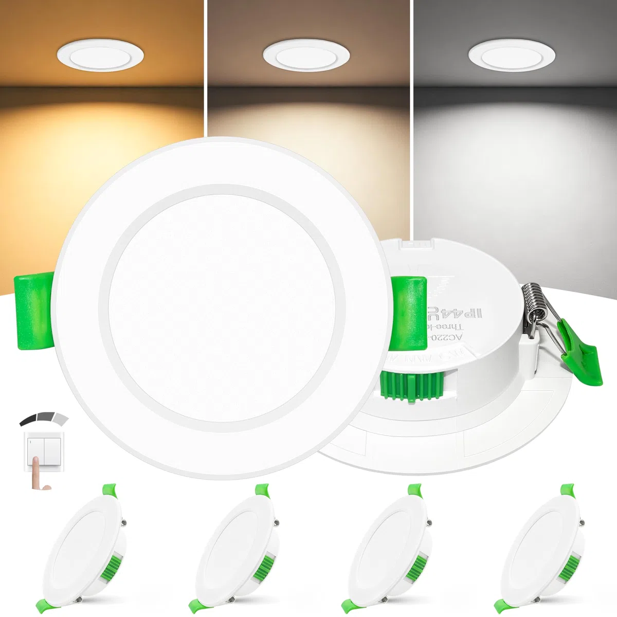 Confezione da 4 Faretti LED Incasso Extra Slim 25mm, 6W 600LM, Soffitto Dimmerabili 3 Intensità Senza Dimmer, 2700K/4000K/6000K, IP44 Faretto LED Bagno Cucina, Foro Ø58-68mm, 230V, Bianco
