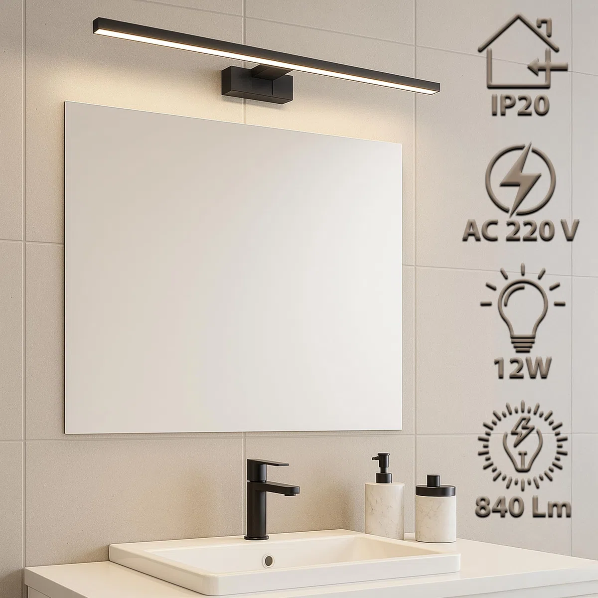 MAKA Luce Specchio Bagno LED 12W 840 Lumen, Lampada Bagno Specchio 4000K, Applique Specchio Bagno 60 cm Bianco/Nero IP20, Illuminazione Bagno per Make-Up e Rasatura (Nero, 4000K)