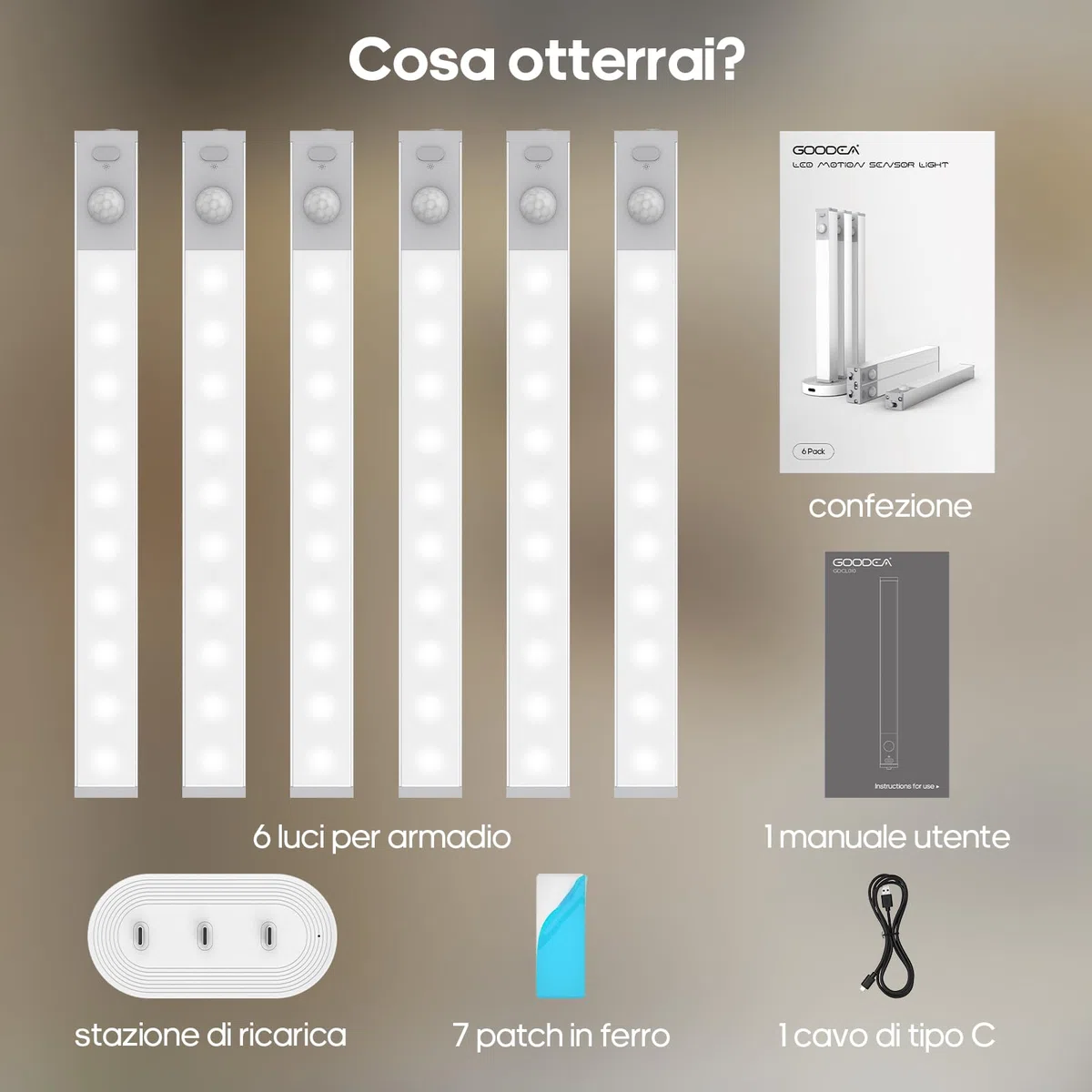 GOODEA Alluminio 6 Dimming Luce Armadio LED Ricaricabile 18cm Senza Fili con Stazione di Carica Barra LED Luce Armadio con Sensore di Movimento luce notturna per Armadio da Lingerie