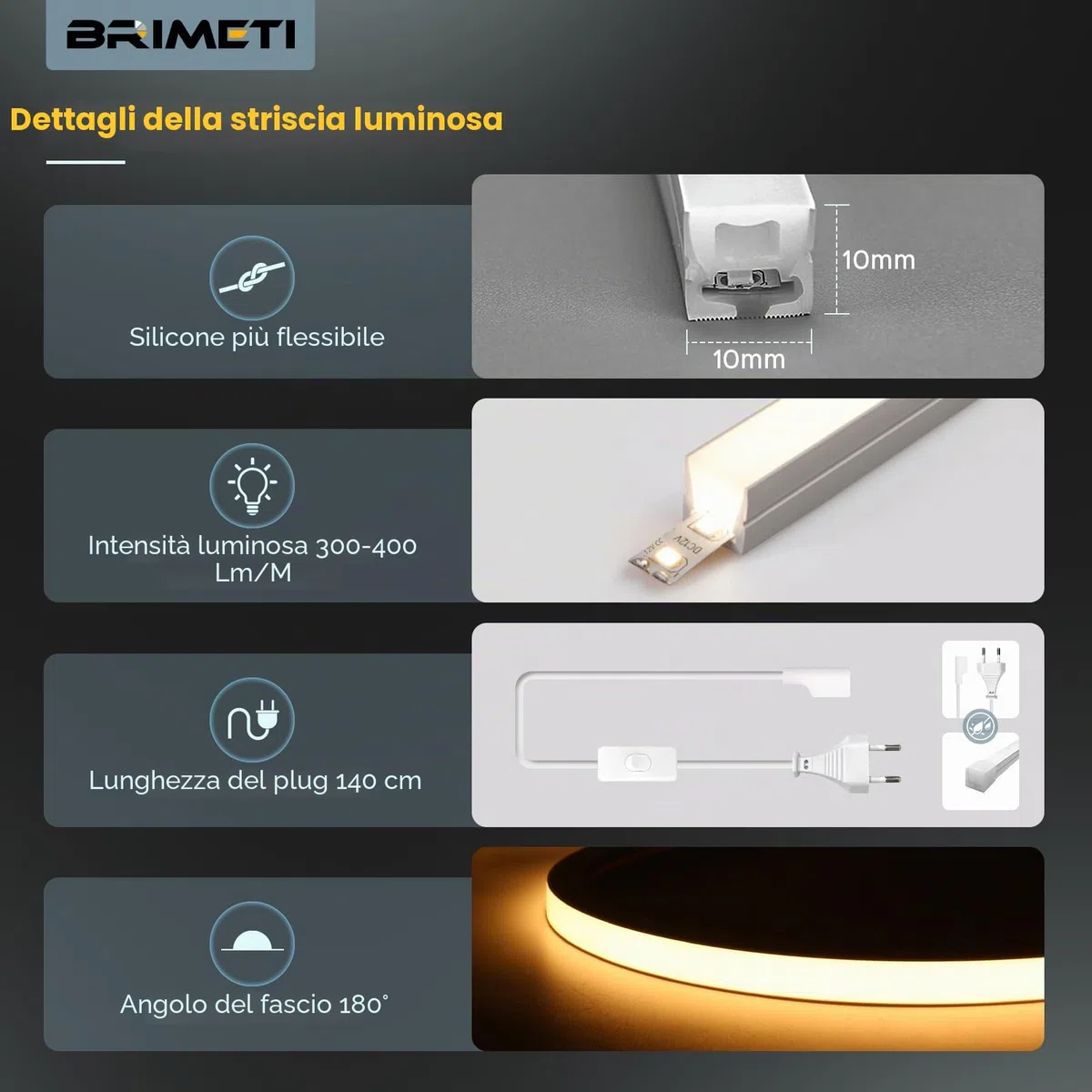 Striscia LED Neon 2M 220V Tubo LED Silicone Flessibile Esterno Impermeabile IP65 Nastri LED Luminosa 120 LED/M Corda Stringa Lampada, con Alimentatore di rete e Controller (Giallo)