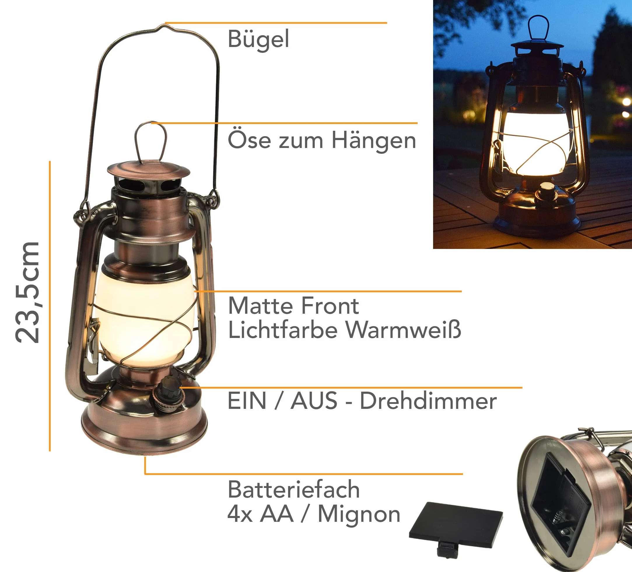 ChiliTec 22634 - Lanterna da campeggio a LED, in rame, a intensità variabile, funzionamento a batteria, 4 x AA Mignon da 23,5 cm, con occhiello, luce bianca calda, 6 V
