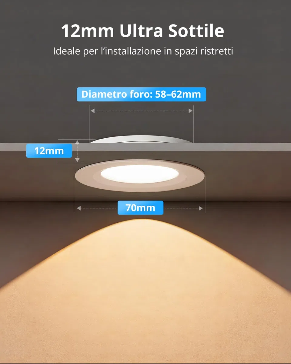 Gr4tec Faretti LED da Incasso per Cartongesso 12 Volt, 4 x 3W Faretto LED 12V 3000K Bianco Caldo 240lm 84Ra, IP44 Luci da Incasso Ultrasottili 12mm, Alluminio Foro 58-62mm Per Camper Barca Bagno
