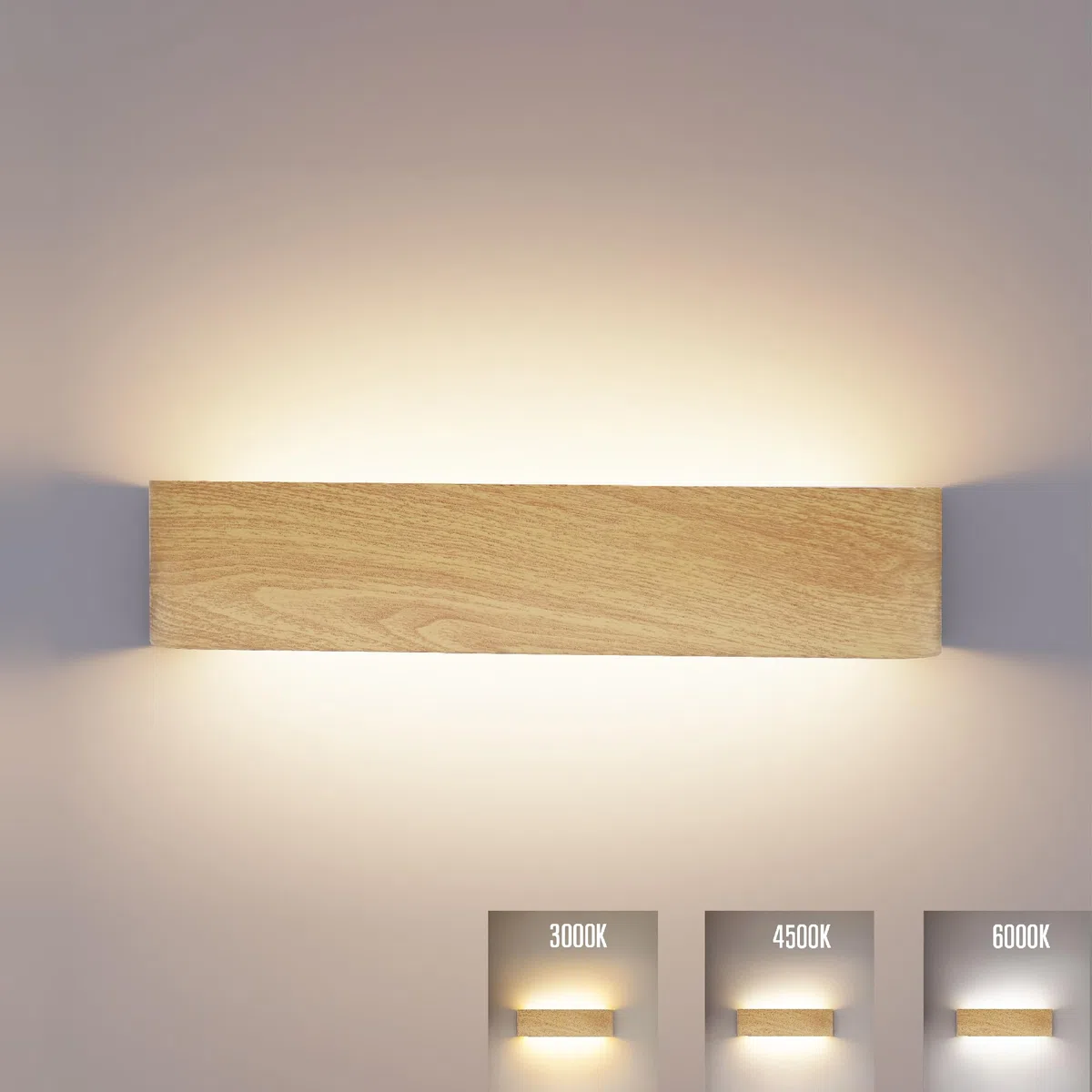 Lampada da Parete LED Interni Luce Alluminio 24W 41CM Applique da Parete Interno Moderno Lampada a Muro per Camera da Letto Scale Corridoio, 3 Modalità Luce (venature del legno)