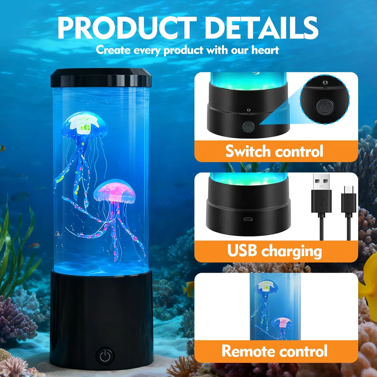 Lampada Medusa LED con 16 Colori & 4 Modalità, Silenzioso Jellyfish Lamp, Acquario Meduse Luce D'atmosfera, Lampada Acquario con Meduse Decorative per Bambini e Adulti, Alimentazione a USB, Nero