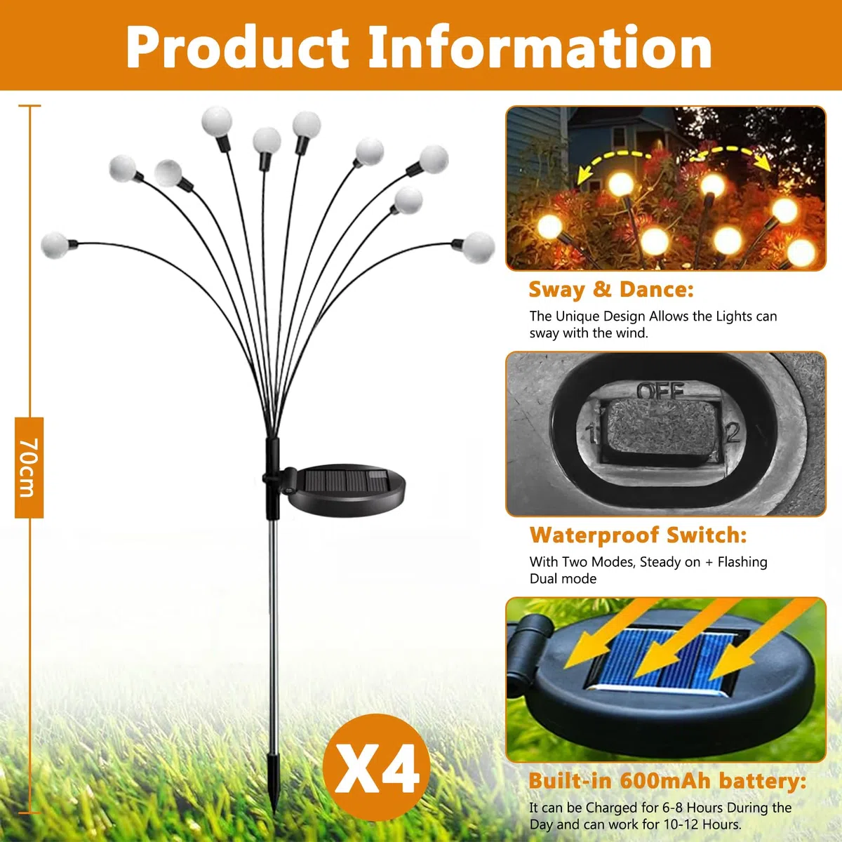 4 Pezzi Lampade Solari Per Esterni Da Giardino, 10 Led Lucciole Luci Solari Per Esterni IP65 Impermeabili, Modalità Multiple Luce Lucciola Per Pathway Yard Patio Giardino