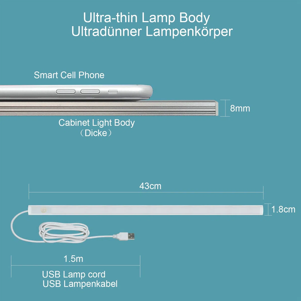 STBTECH Lampada LED con sensore di movimento per armadio da cucina, barra luminosa luminosa da 43 cm, lampada da incasso per cucina, illuminazione sottopensile per armadio, scaffali, banco da lavoro