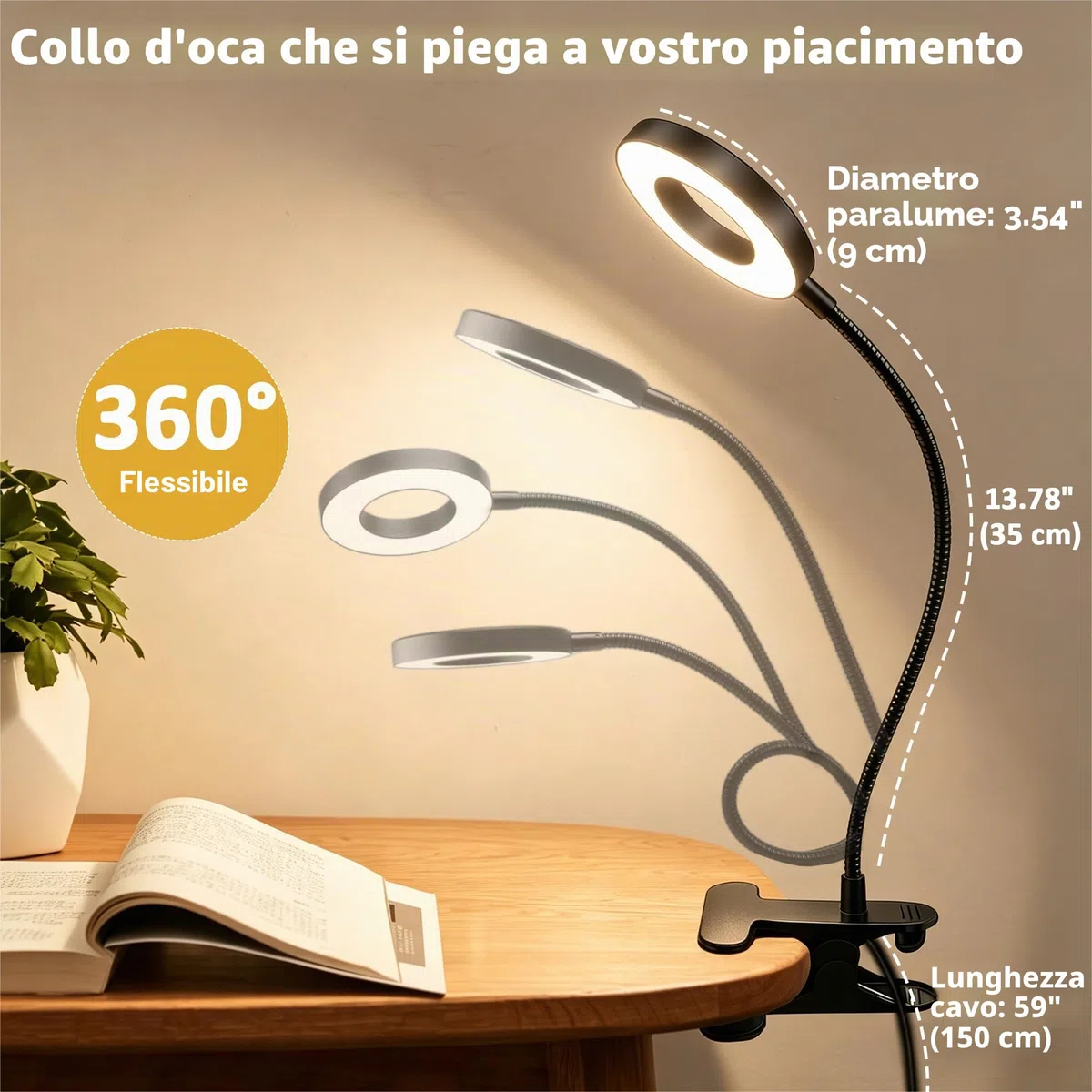 Akynite Lampada da Scrivania USB con Pinza e Timer, Adattatore incluso, 5 Colore 10 Intensità, Lampada Pinza Nera, 48 LED Lampada con Clip, Flessibile Lampada da Lettura Letto